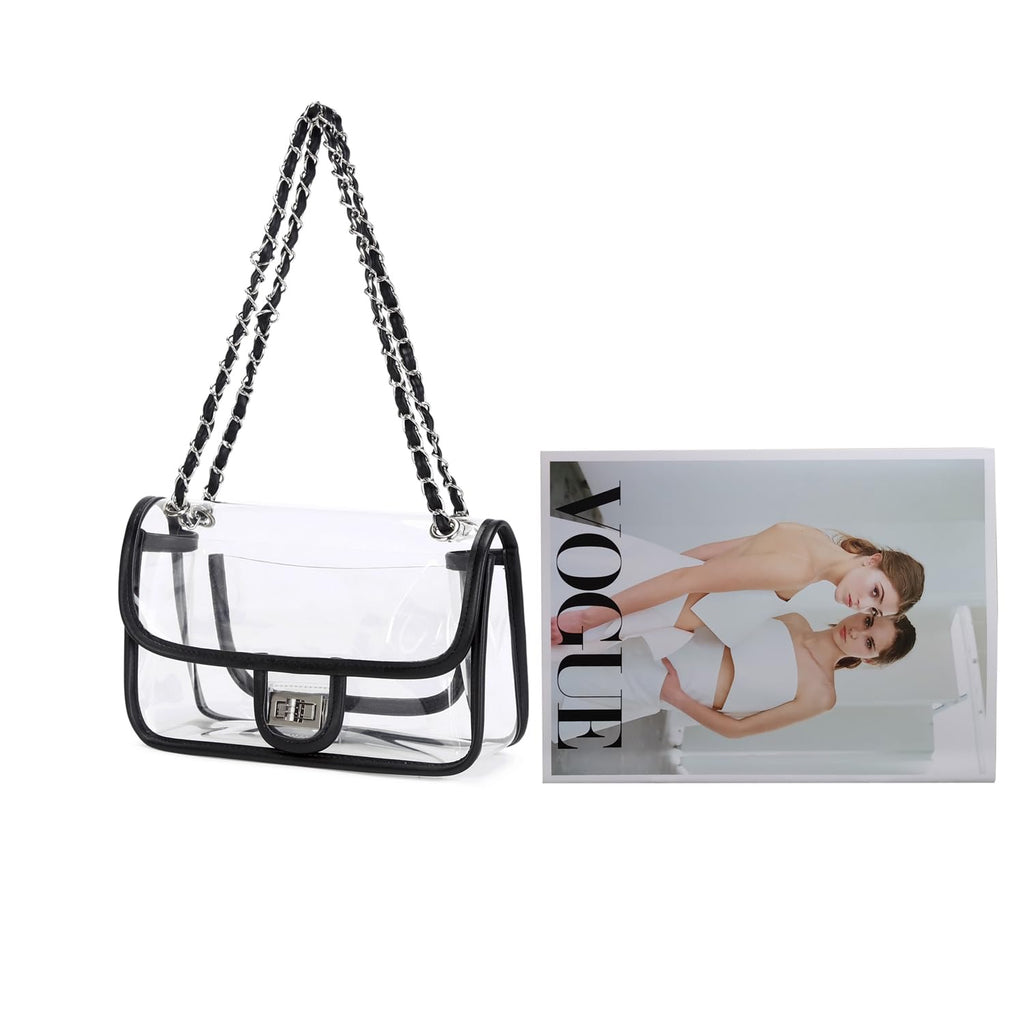 Womens PVC Clear Purse Handbag with Chain Stadium Approved Clear Bag See Through Bag for Working and Concert