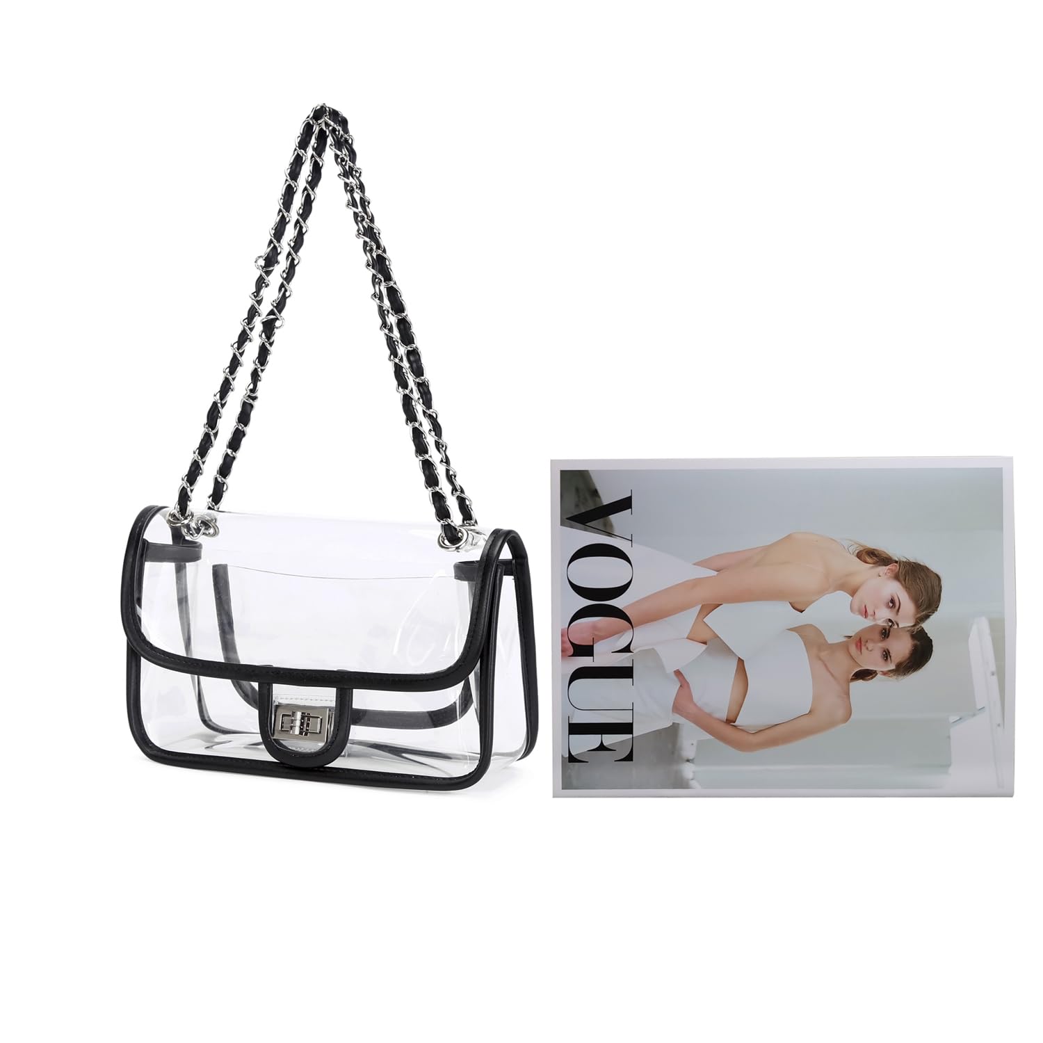 Womens PVC Clear Purse Handbag with Chain Stadium Approved Clear Bag See Through Bag for Working and Concert