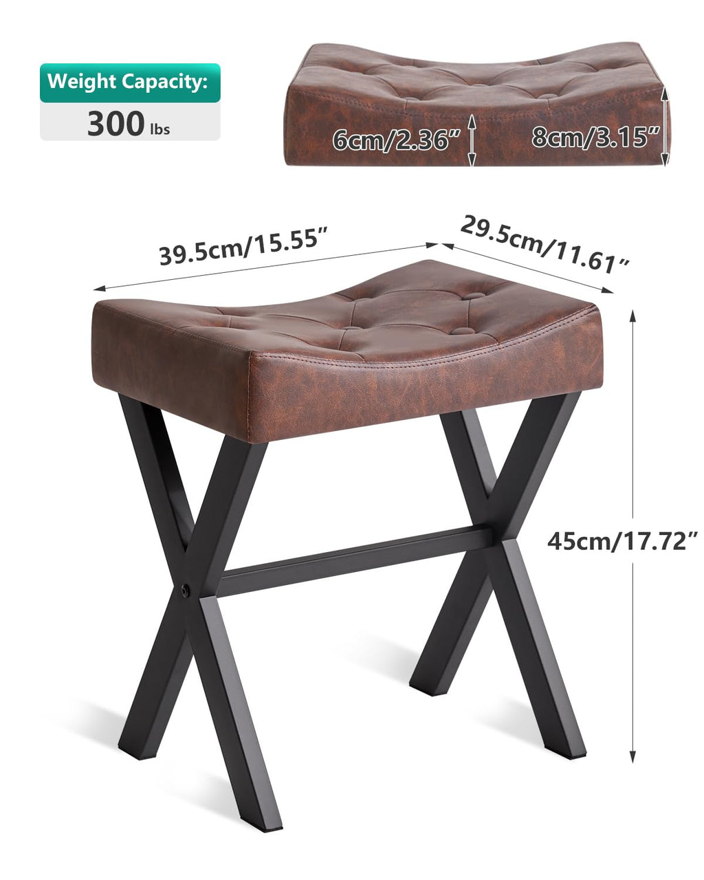 IBUYKE U-Shaped PU Vanity Stool, Square Makeup Chair with X-Leg, Ottoman Seat Footrest Stool, Multi-Use as Small Side Table, for Bedroom, Living Room, Black WBD019B