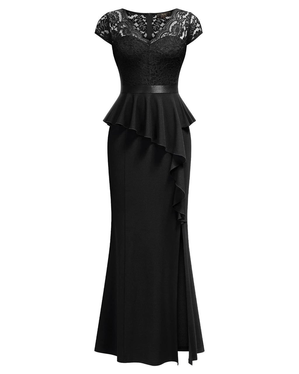 MISSMAY Women's Elegant Floral Lace Ruffle Split Cocktail Party Long Dress