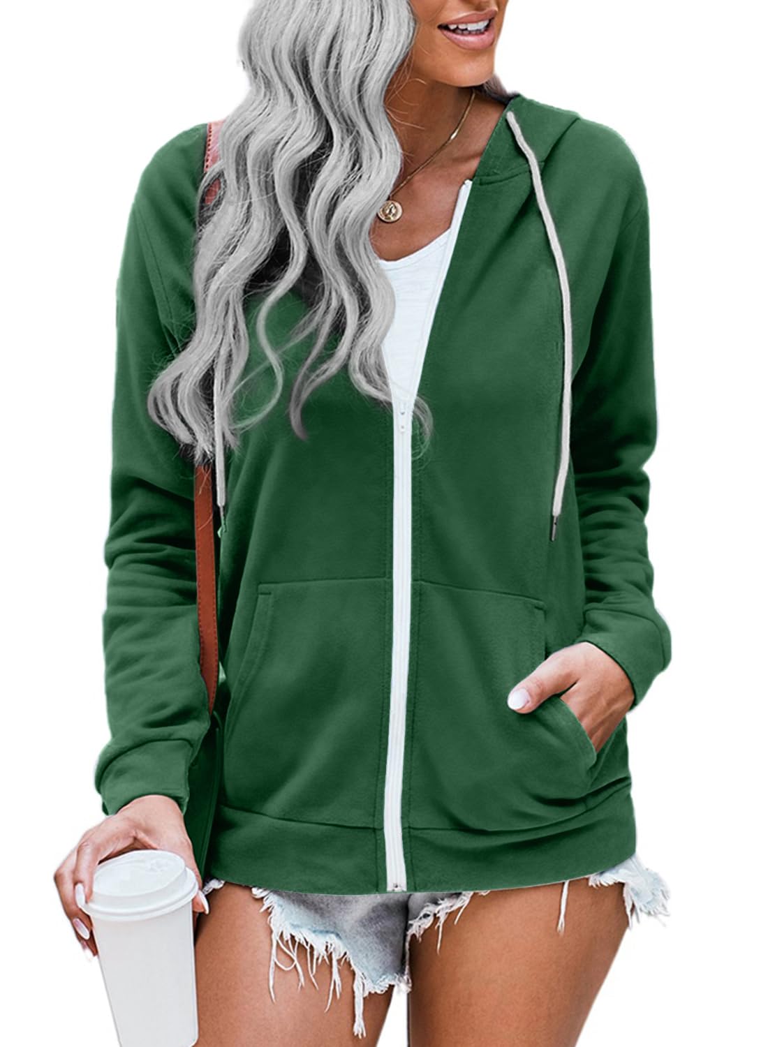 WROLEM Women Casual Full Zip Up Hoodie Comfy Loose Long Sleeve Sweatshirt Solid Color Jacket with Pockets