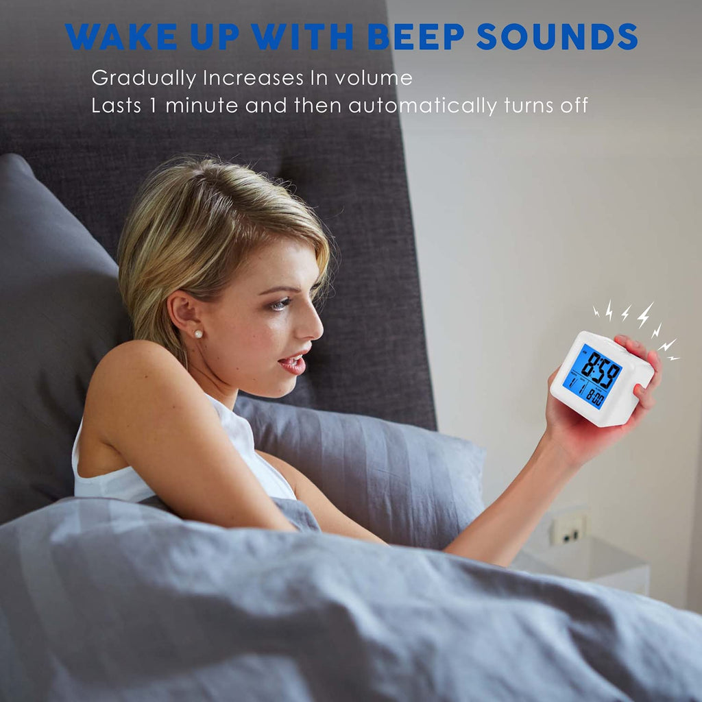 Plumeet Digital Alarm Clock Kids Clock with Snooze and White Nightlight - Easy Setting Travel Alarm Clocks Display Time, Date, Alarm - Ascending Sound - Battery Powered (Baby Blue)