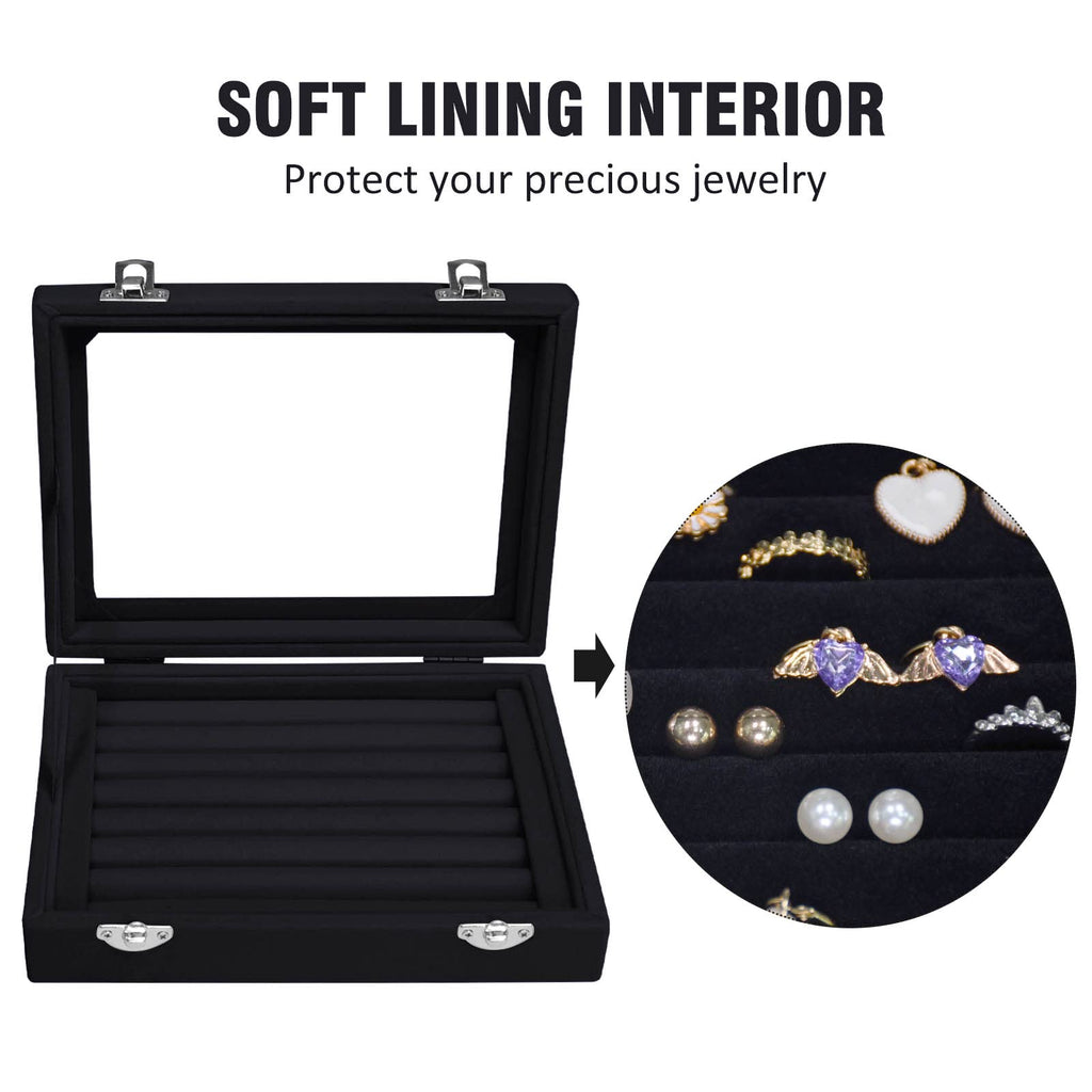 Vicoter Rings Organizer Tray 7 Slots Velvet Jewelry Earring Storage Box with Transparent lid Jewelry Display Case for Girls Wife Mom Women (Beige)