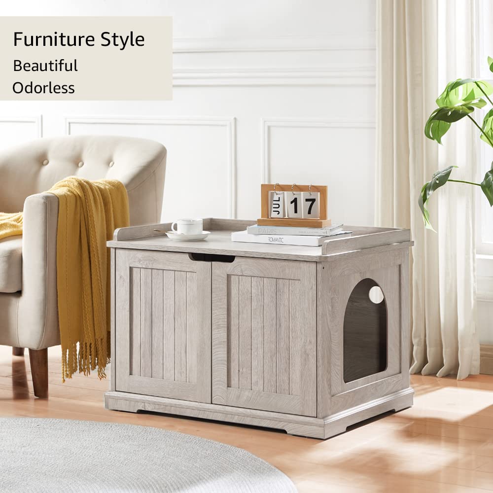 unipaws Extra Large Cat Litter Box Enclosure for Self-Cleaning & Automatic Litter Boxes, Tall Cabinet with Charging Station, Wooden Dog Proof Hidden Cat House for Top Entry Litter Box