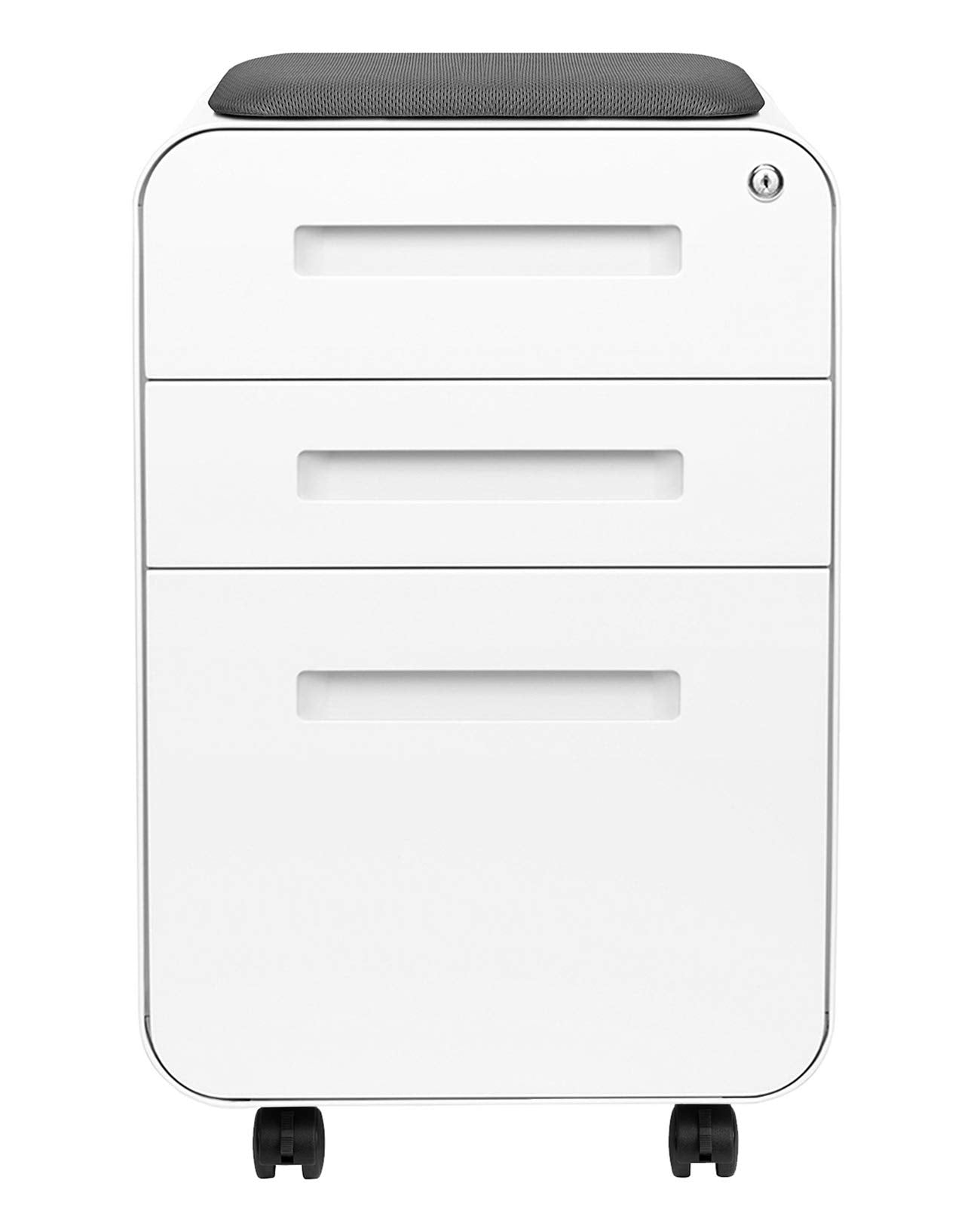 Laura Davidson Furniture STOCKPILE Curve Seated 3-Drawer Mobile File Cabinet with Removable Magnetic Cushion Seat - Metal Filing Cabinet, Pre-Assembled, Black with Dark Grey Cushion