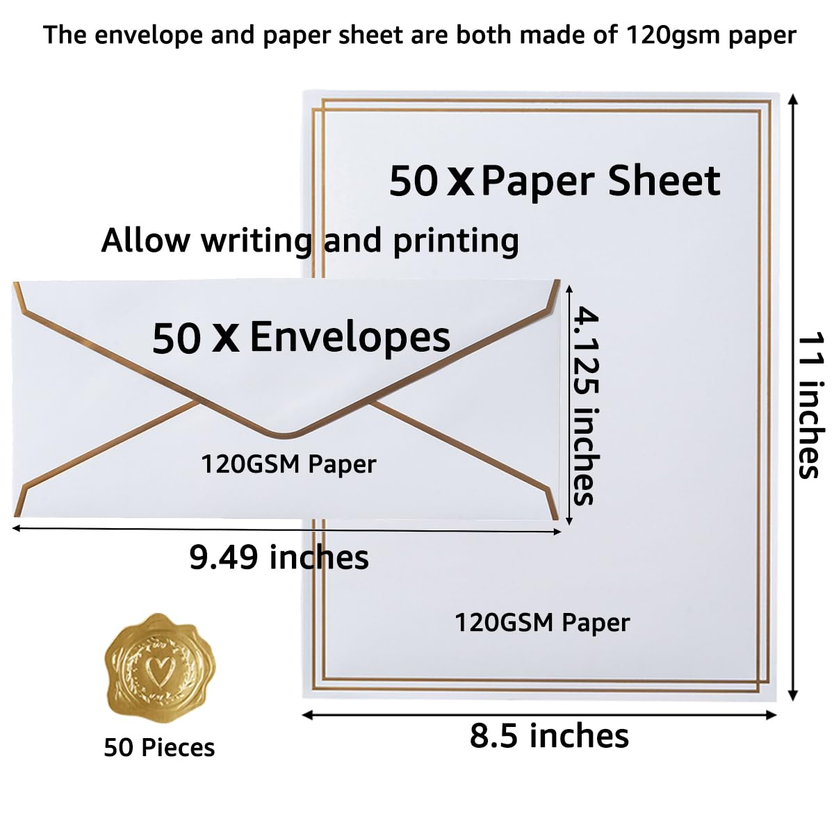 50 Pack Stationery Set with Envelopes, Cream Color, 8.5x11 Inches | Gold Border, #10 Business Envelopes and 8.5x11 Paper Sheets, Stickers for Letter Writing, Invitations