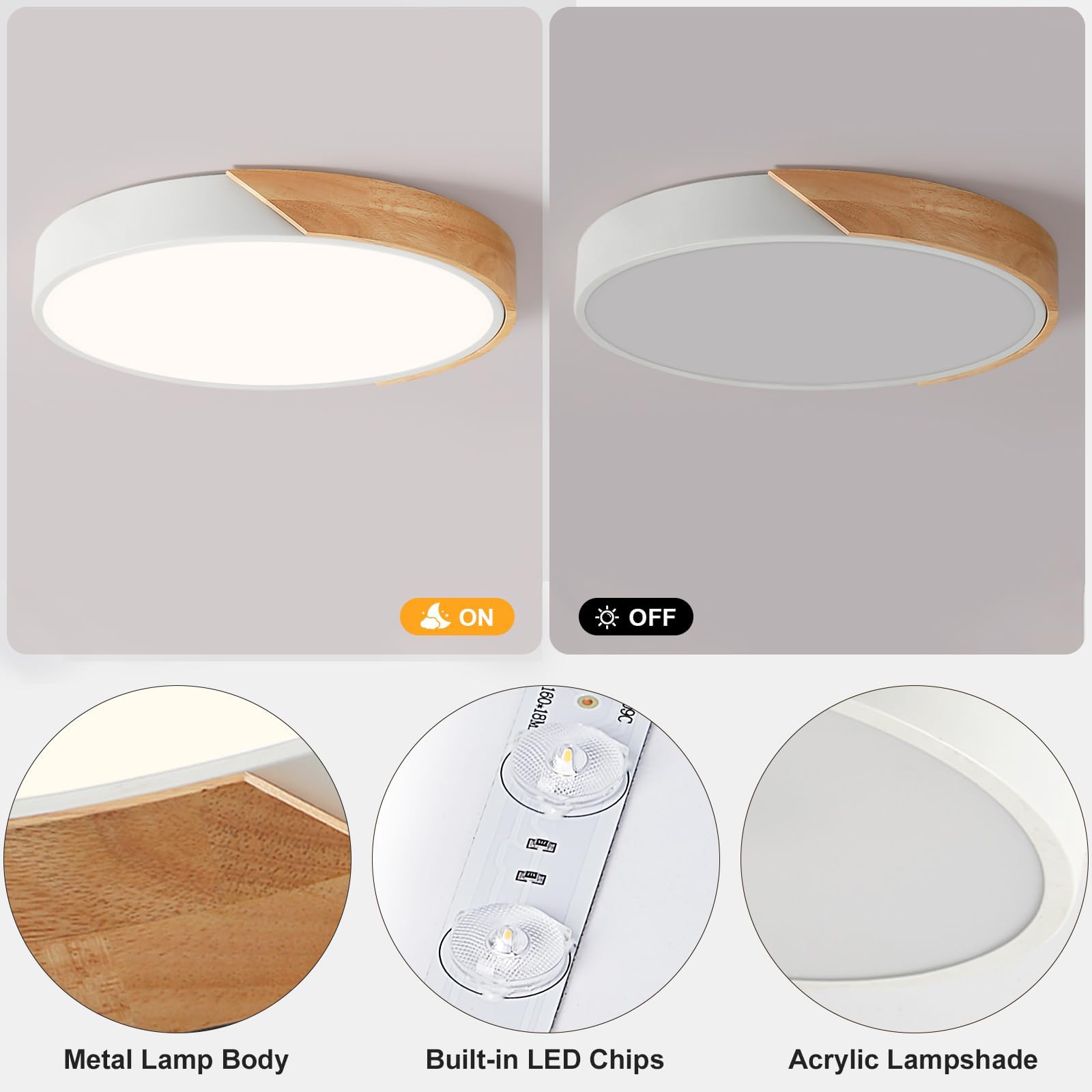 Modern LED Ceiling Light, Minimalist Wood Dimmable Flush Mount Ceiling Light Fixture, Round 5CCT Lighting Lamp with Acrylic Lampshade for Bedroom Hallway Kitchen Laundry, Black 11.8"