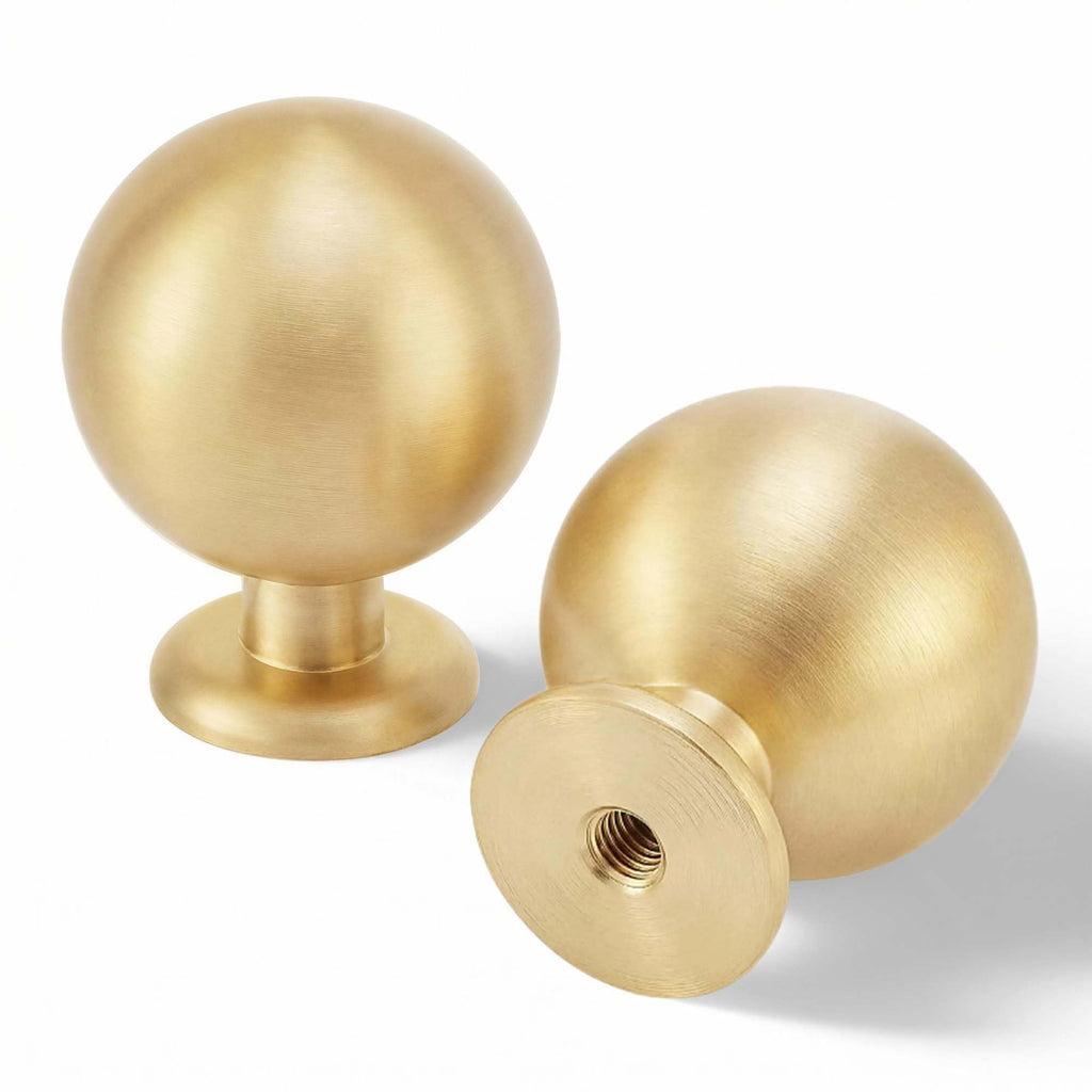 QOGRISUN 10-Pack Small Solid Brass Cabinet Knobs, Round Ball Gold Knobs for Dresser Drawer, 0.9-Inch Diameter, Mini Sphere Cabinet Pulls, Brushed Brass Finish