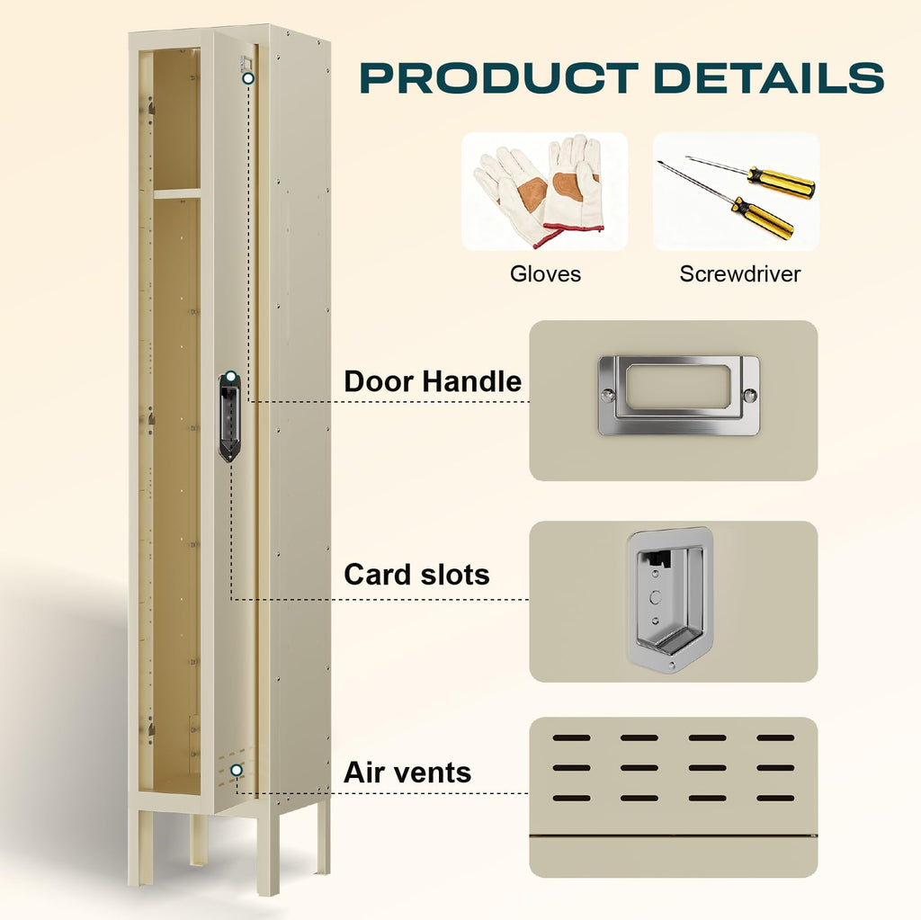 Lockers,Metal Locker, (Beige, 1 Door - (66.15" H x 11.8" W x 11.8" D))