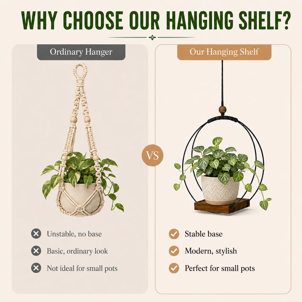 Hanging Planter for Indoor Plants, Black Plant Hanger Indoor with Sturdy Wood Base, Modern Boho Macrame Plant Hanger for 3-5.5 Inch Pot, Hanging Wall Ceiling Window Home Decor (Pots Not Included)