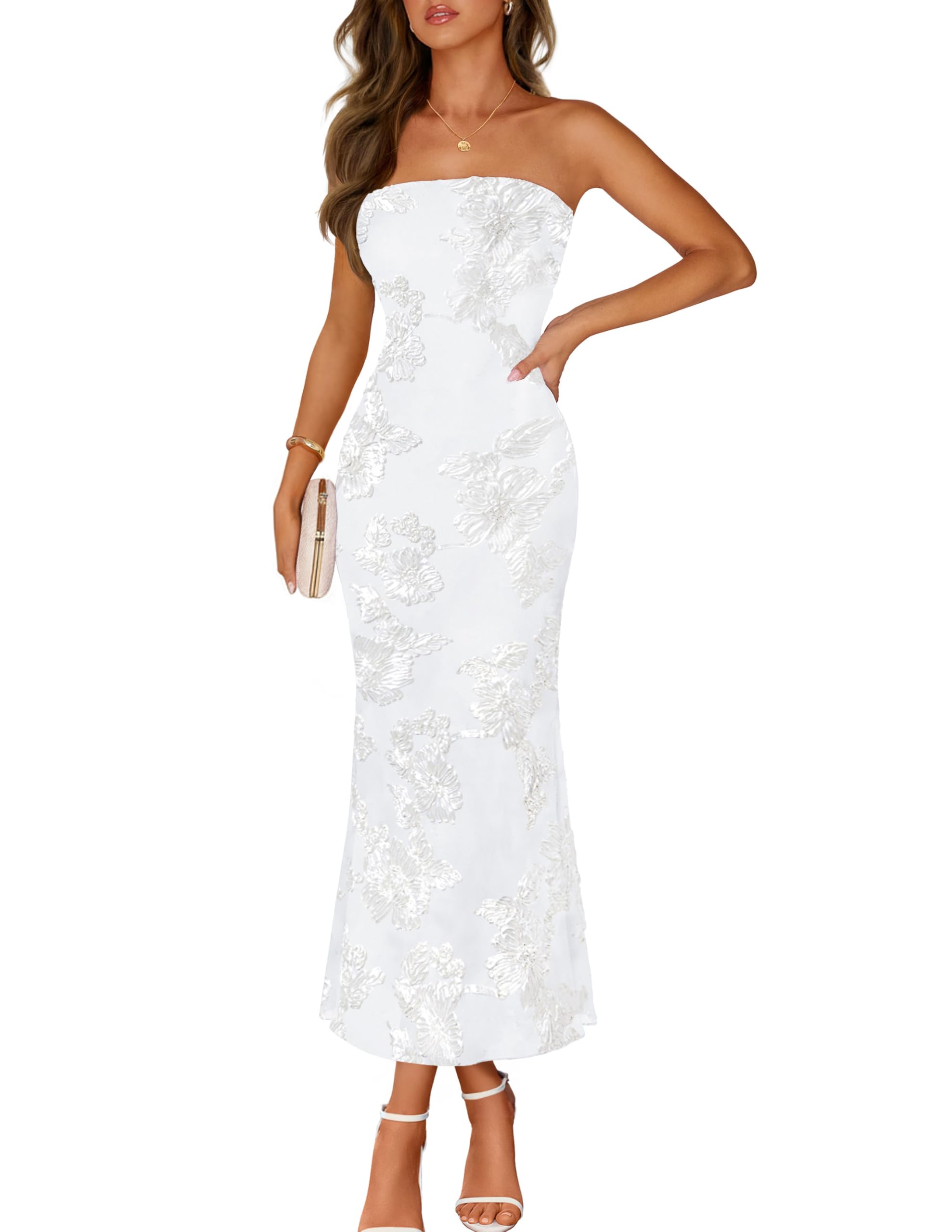 MEROKEETY Women's Floral Strapless Maxi Dress 2026 Summer Mesh Tube Bodycon Formal Wedding Guest Cocktail Party Long Dresses