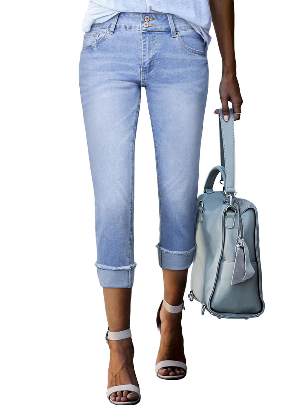Sidefeel Women's Capri Jeans High Waisted Stretchy Roll-up Skinny Cuffed Cropped Zimbaplatinum Summer Capri Pants