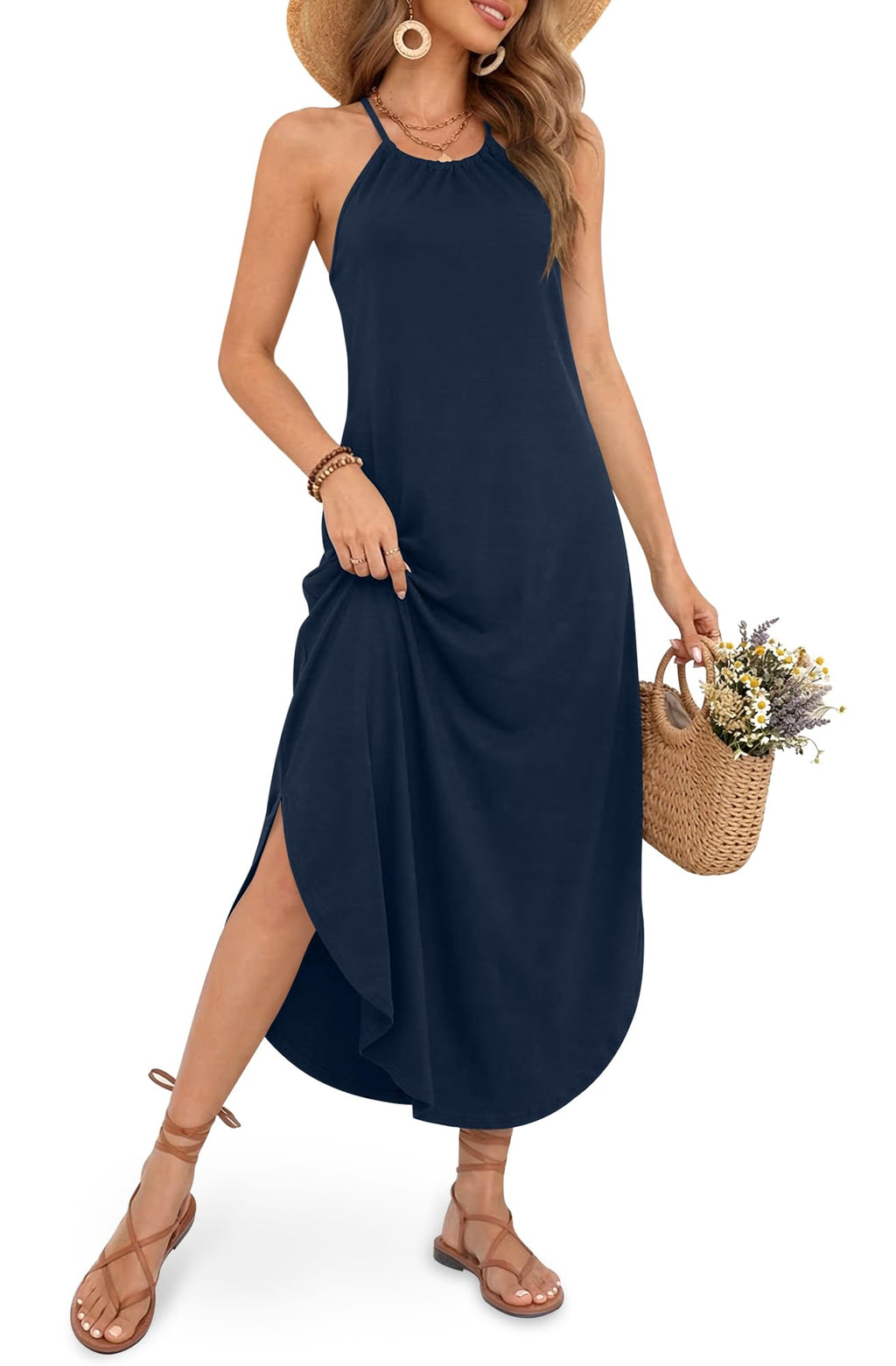 For G and PL Women's Summer Casual Halter Side Slit Maxi Beach Dress Resort Vacation Cruise Wear Sundress