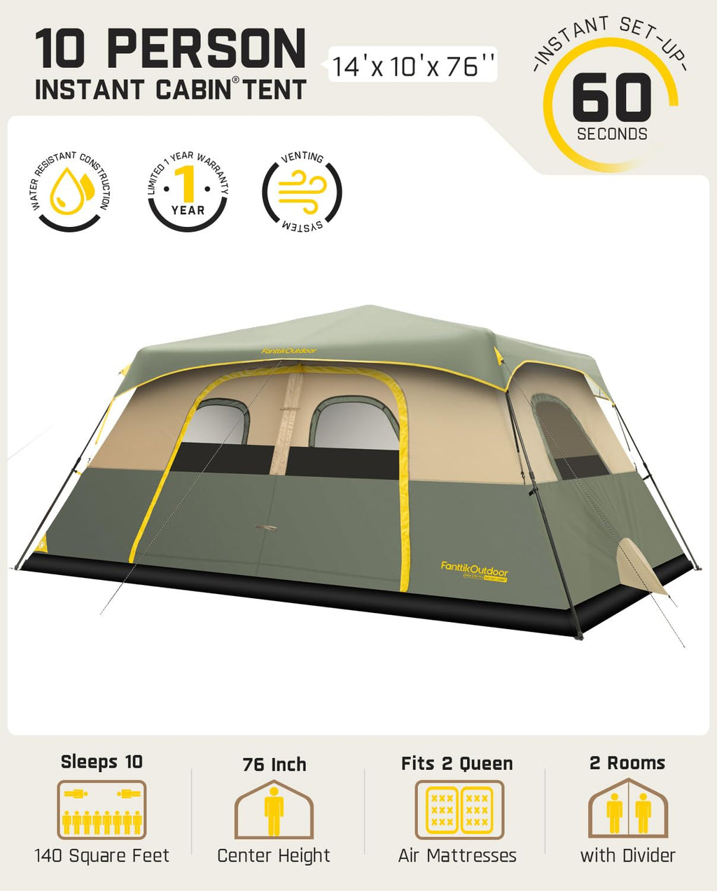FanttikOutdoor Camping Tent 4/6/8/10 Person Instant Cabin Tent Setup in 60 Seconds with Rainfly & Windproof Portable with Carry Bag for Family Camping & Hiking, Upgraded Ventilation, Navy Blue