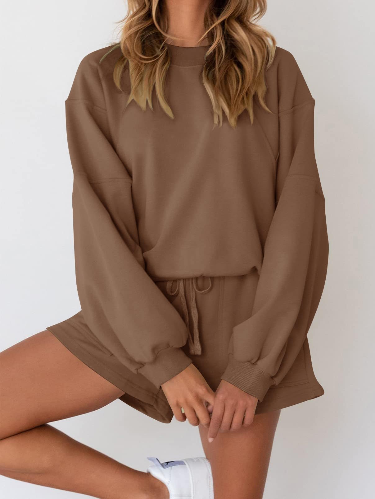 MEROKEETY 2026 Spring Lounge Sets for Women Oversized Batwing Sleeve Casual Top and Shorts 2 Piece Outfits Sweat Set