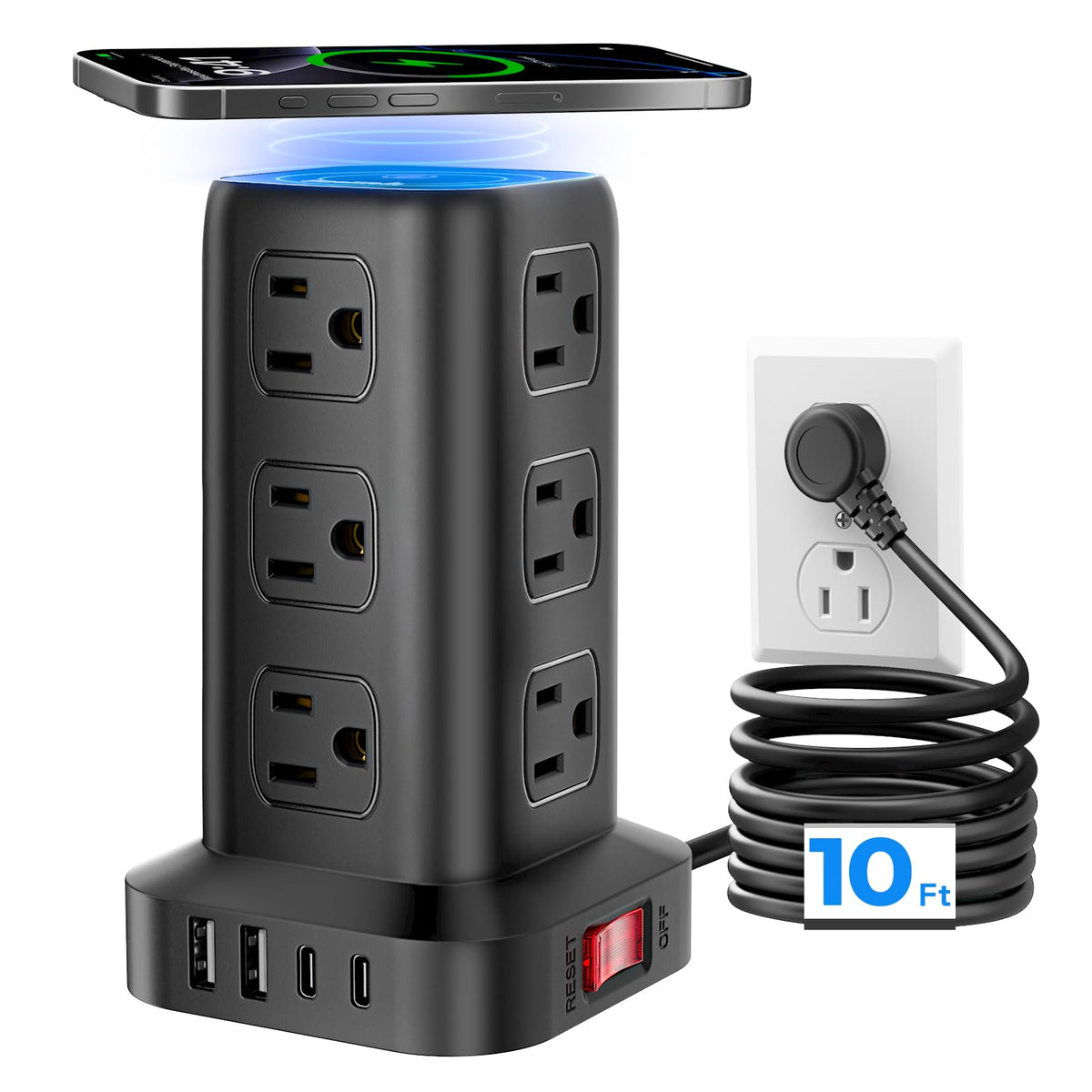 Tower Surge Protector Power Strip with 12 Outlets 4 USB (1 USB C), 6.5Feet Extension Cord with Multiple Outlets, Charging Station, Power Strip Tower, Office Desk Supplies