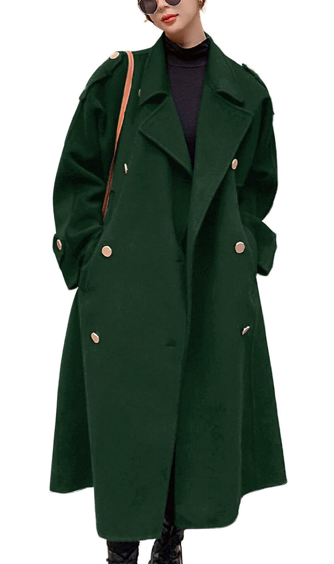 chouyatou Women's Winter Double Breasted Midi Long Wool Pea Coat Notch Lapel Winter Trench Coat