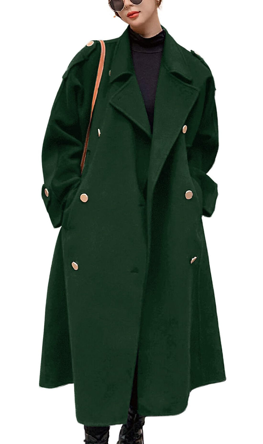 chouyatou Women's Winter Double Breasted Midi Long Wool Pea Coat Notch Lapel Winter Trench Coat