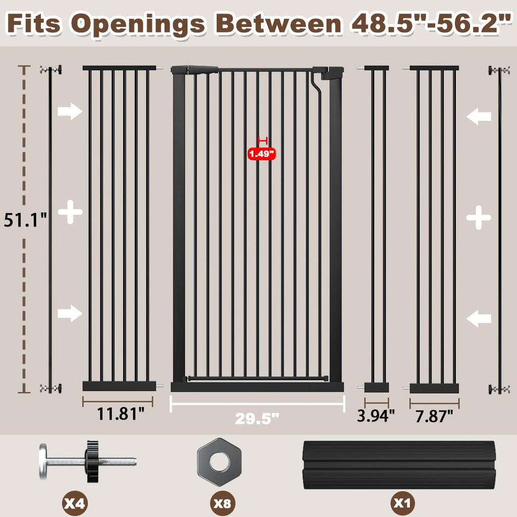 Fairy Baby 51.1" Extra Tall Pet Gate, 29.5"-32.6" Adjustable Width Auto Close Encrypted Tall Dog Gate, Cat Proof Metal Gate Indoor for Doorway Hallways, Pressure Mounted Child Safety Gates, Black
