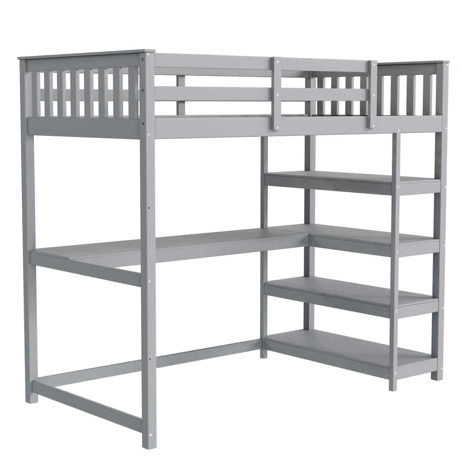 JOYMOR Low Loft Bed Twin Size with LED Lights, 4 Storage Shelves, Removable Curtain, Kids Wood Loft Bed with 15" H Safety Guardrail, Spave Saving, Mattress Not Included (Gray)