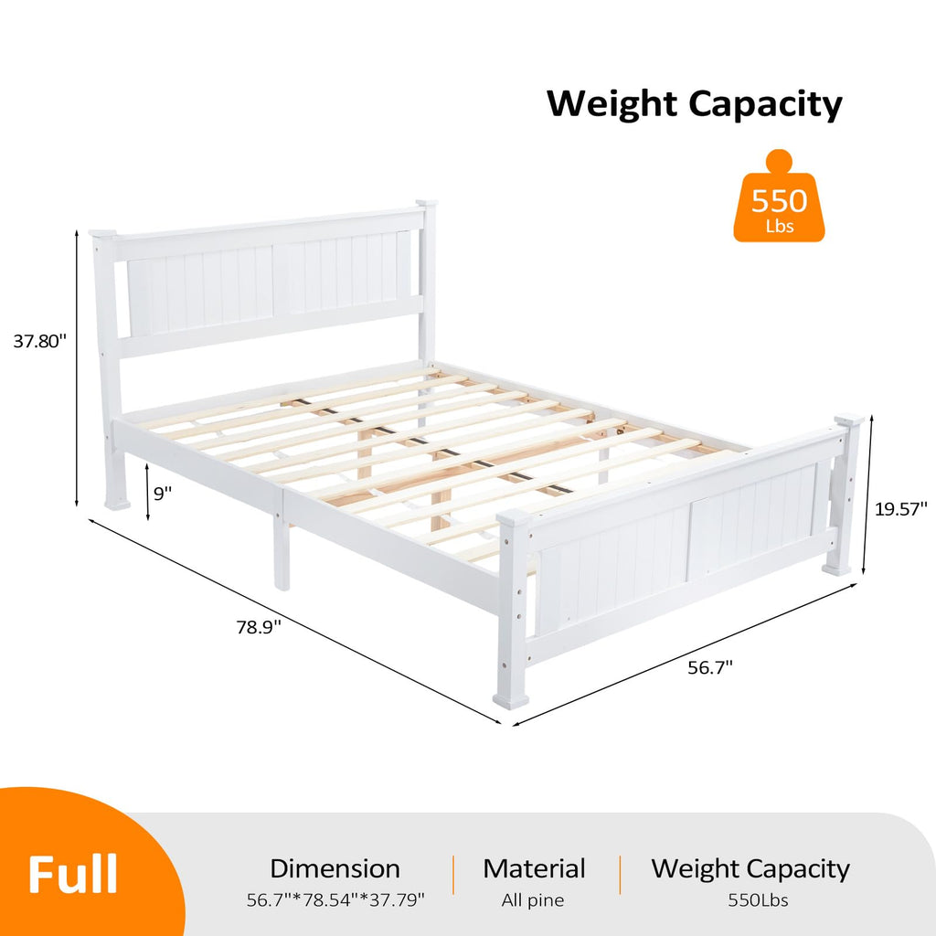 Bonnlo Twin Size Solid Wood Platform Bed Frame, Single Bed with Headboard, No Box Spring Needed Panel Bed, Wood Slat Support Mattress Foundation, White