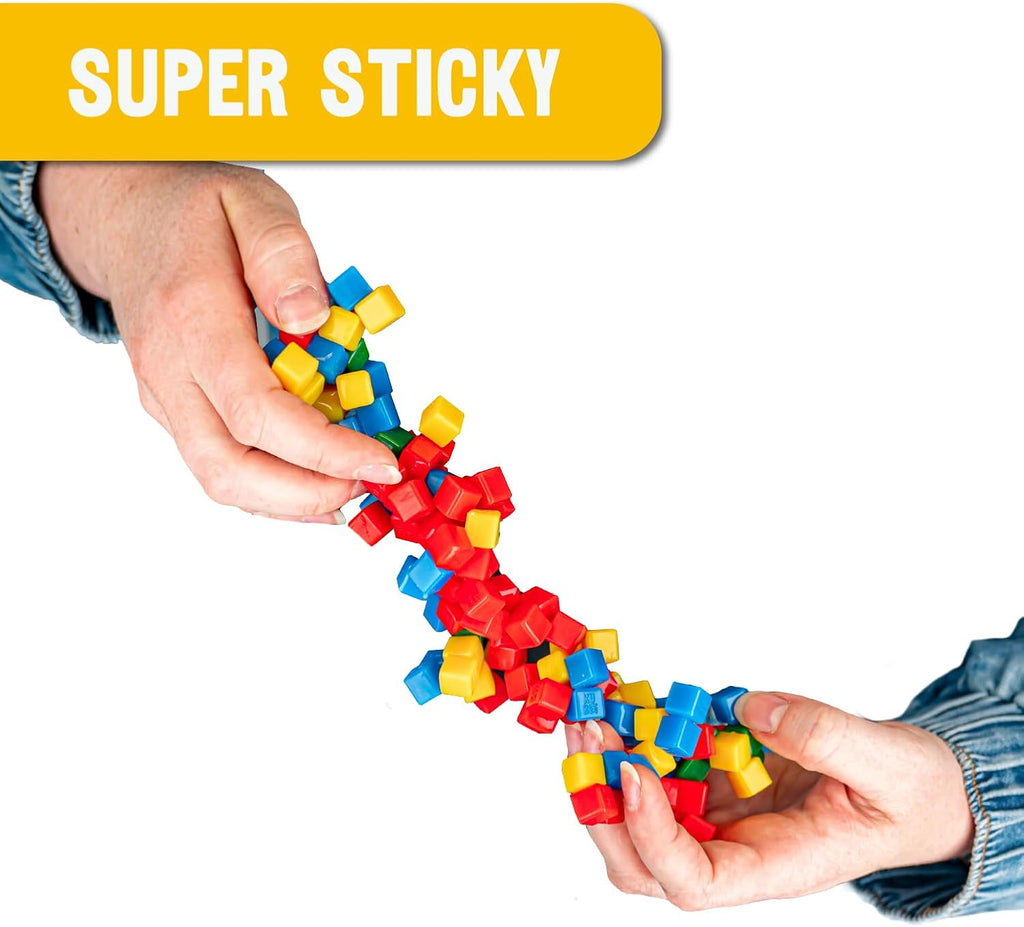 KOMARC GAMES StickiKubes - Mini STEM Building Blocks that Stick to Anything - 125 Non Toxic Sensory Stacking Cubes in 4 Colors
