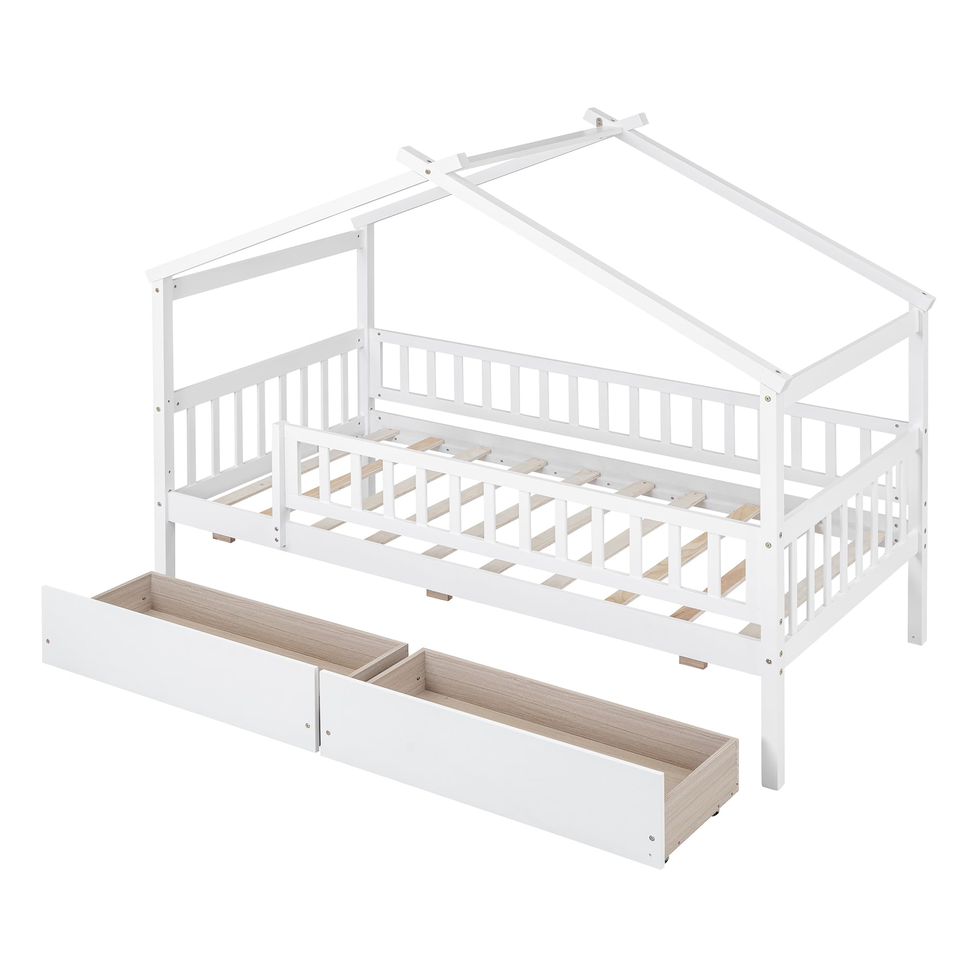 Merax Twin Size Wooden House Bed with Two Drawers, Wood Bed Frame with Roof for Kids, Teens, Boys or Girls, Grey