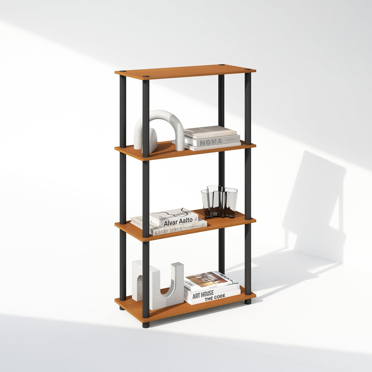 Furinno Turn-N-Tube Book Shelf, 4-Tier Bookshelf, Bookcase with Multipurpose Compact Display Rack, 11.6 x 23.6 x 43.2, for Living Room, Bedroom, Home Office, Americano/Black