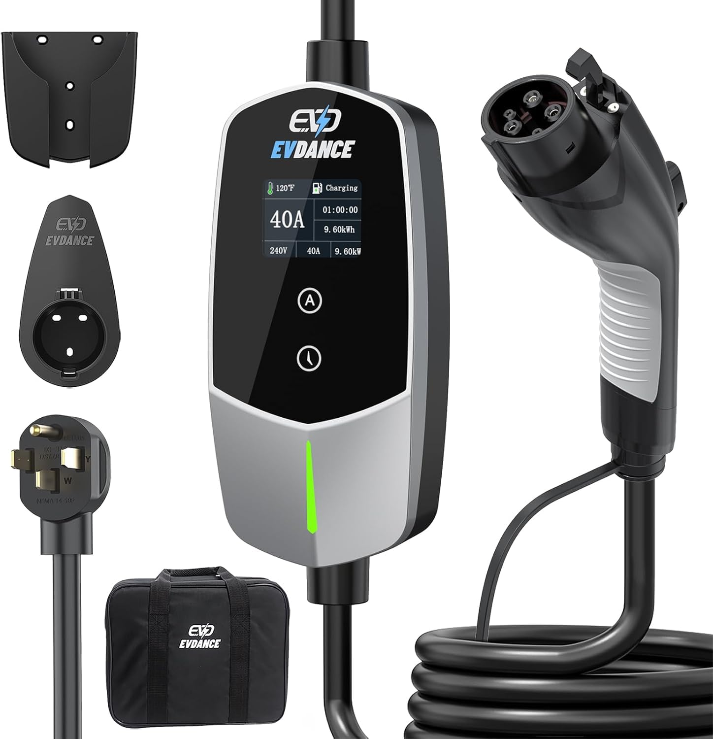 EVDANCE Level 2 EV Charger 40Amp, 240V 9.6KW Portable Electric Vehicle Charging Stations with NEMA 14-50P, 25FT Cable Adjustable Current/Timing Delay Home Electric Car Charger for J1772 BEVs/PHEVs