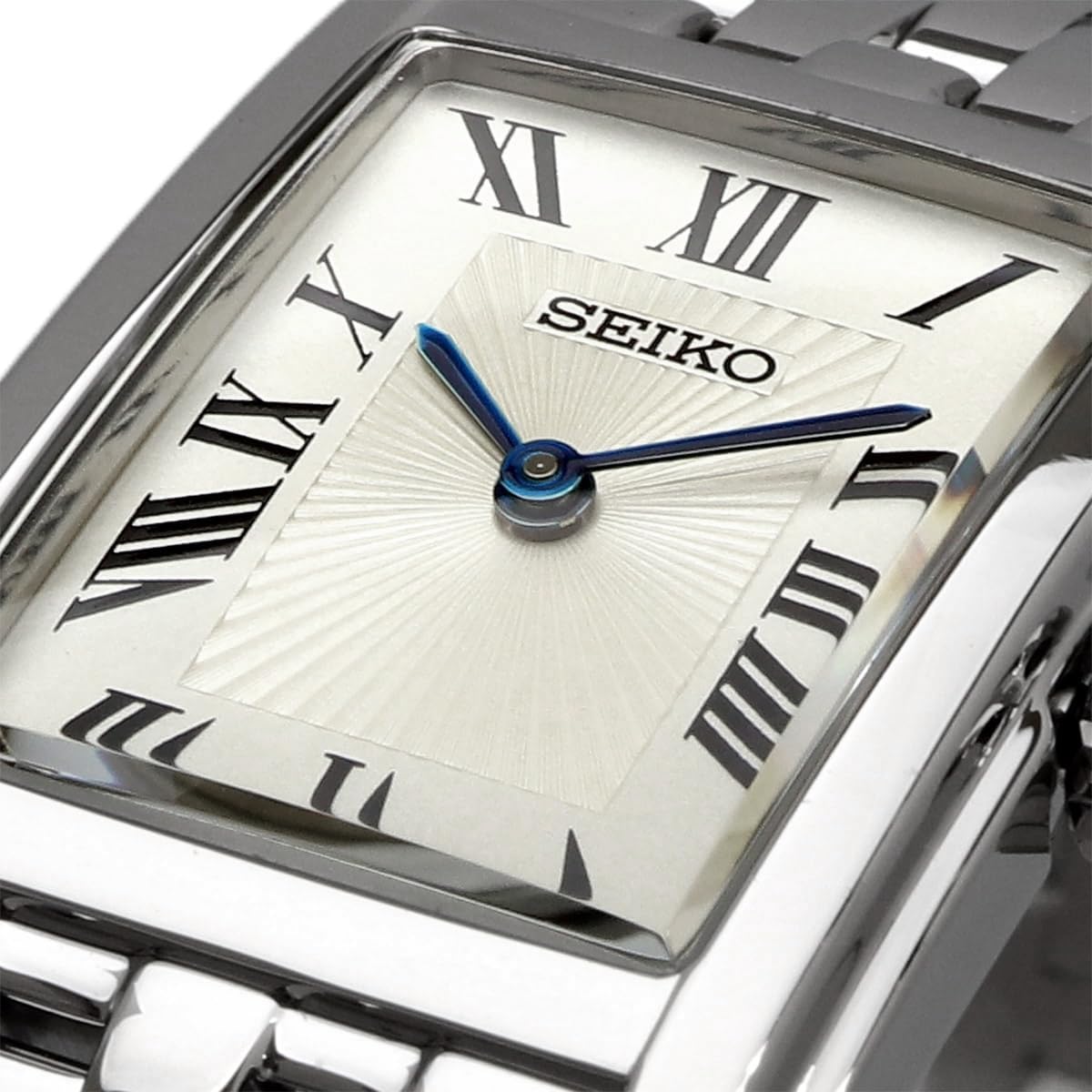 Seiko SWR083 Rectangular Watch - Essentials Collection - Roman Numeral Dial, Blue Hands, Stainless Steel Bracelet, and 50m Water Resistance