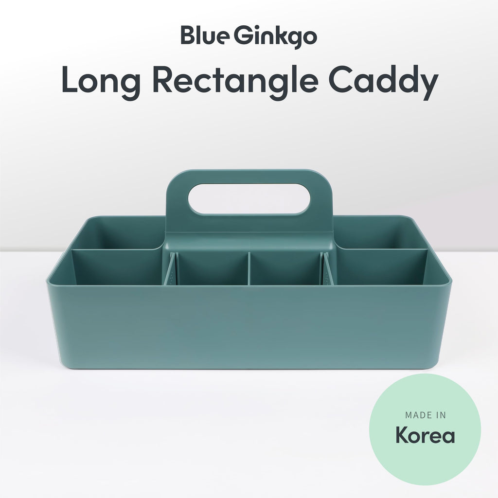 BLUE GINKGO Stackable Organizer Caddy – Korean-Made Portable Tote for Bathroom, Office, Crafts, or School Supplies (Long Rectangle, Blue)