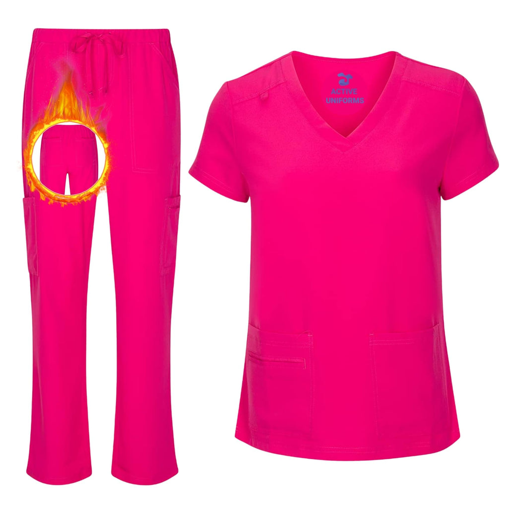 Women's Cool Stretch V-Neck Top and Cargo Pant Scrub Set with Regular and Petite Sizes