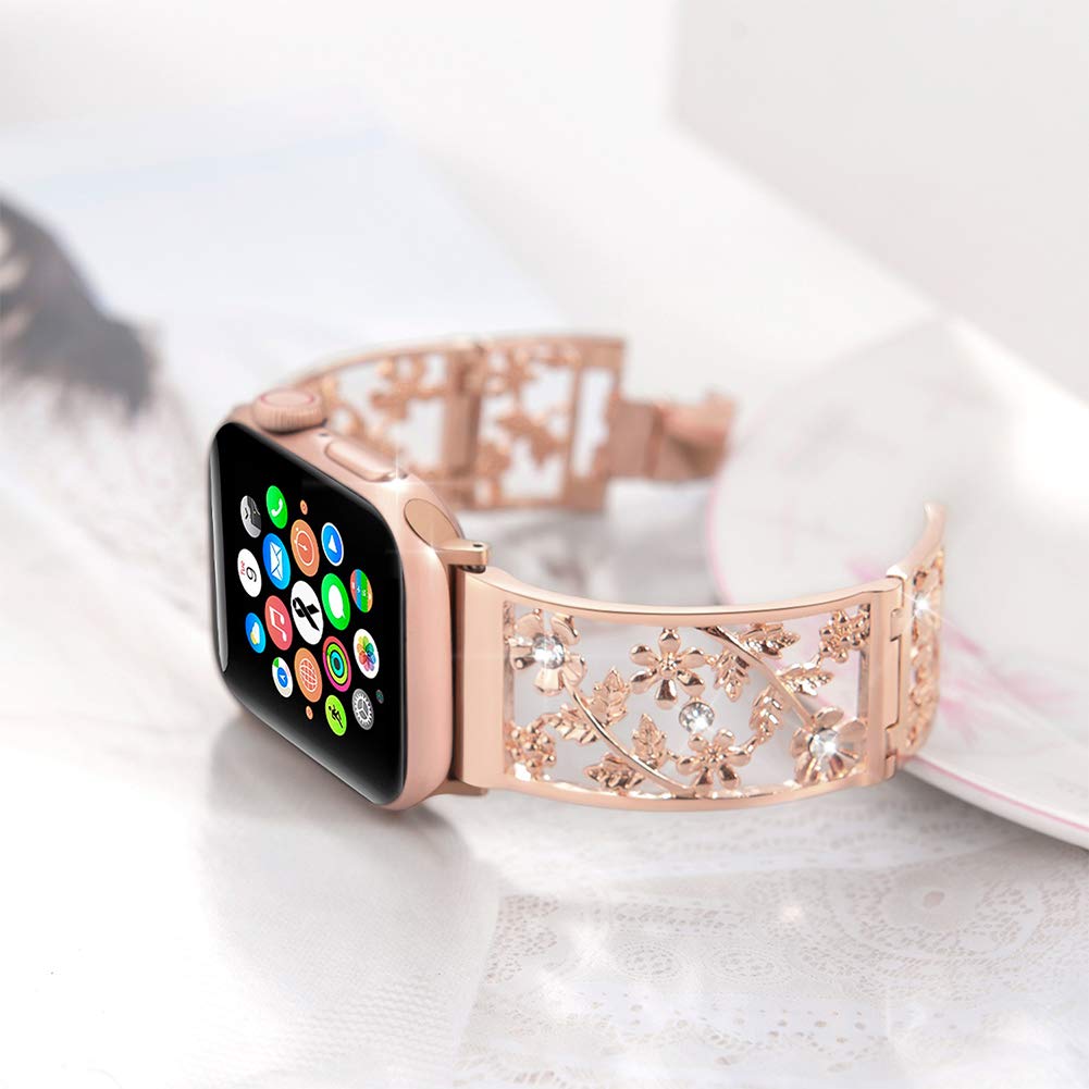 Floral Band Compatible with Apple Watch Jewelry Band 38mm 40mm 41mm 42mm iWatch Bands Series 11 10 9 8 7 6,Bling Crystal Bracelet Hollow Metal Strap,Fashion Women Wristband(38/40/41/42mm,Black)