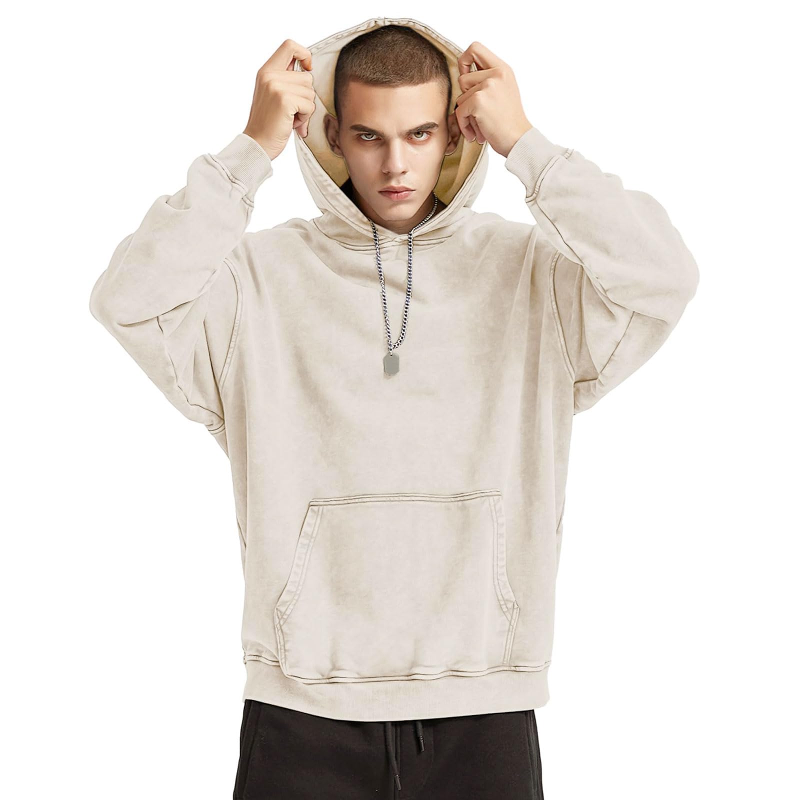 Bobeutou Oversized Hoodie Men Vintage Cotton Casual Hooded Sweatshirt Trendy Baggy Basic Hoodies Retro Pullover Streetwear