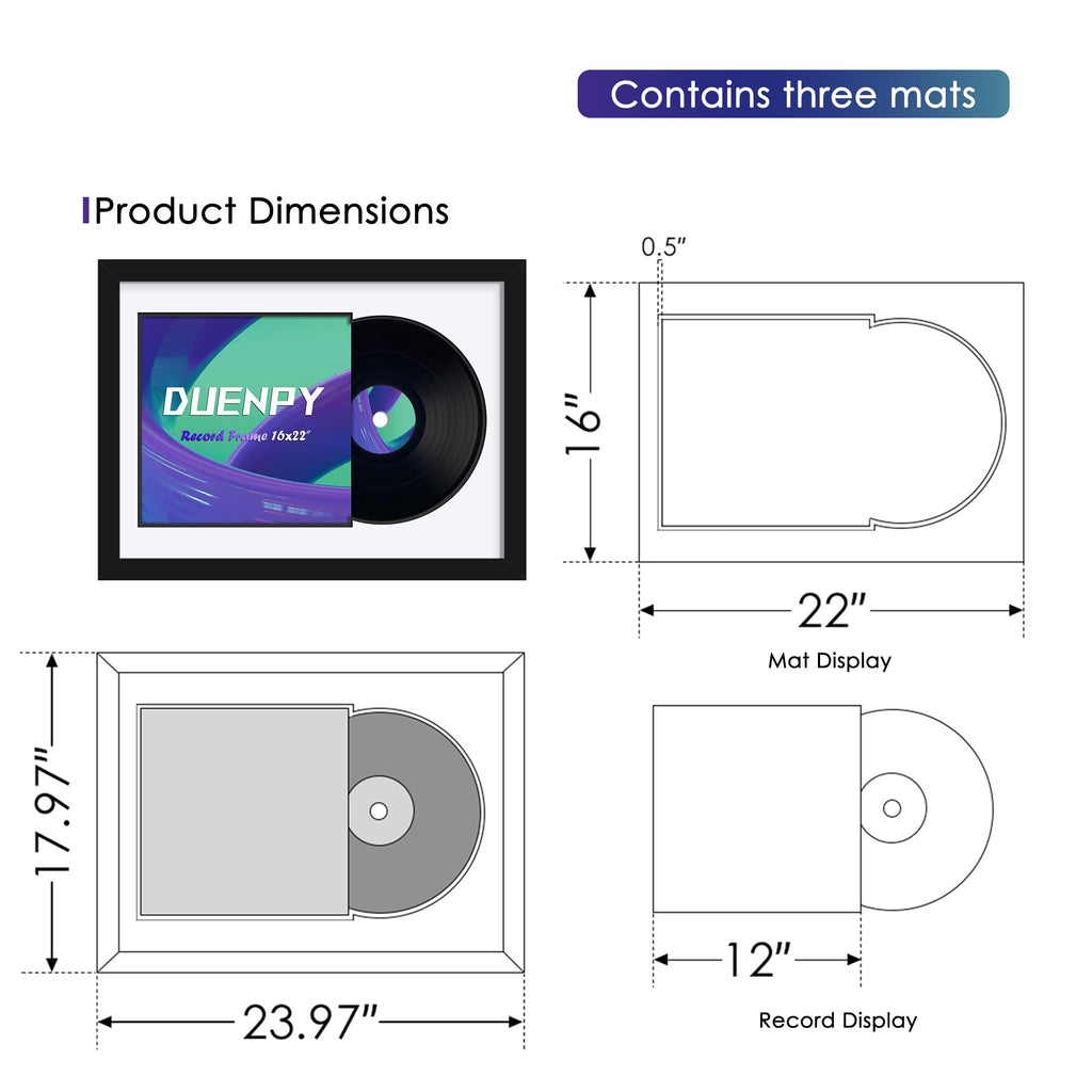 DUENPY Vinyl Record Display Frame 16x22 Inches Display Record Album and 12.5x12.5 Album Cover Art（Black Bottom Mat） Wall Mount