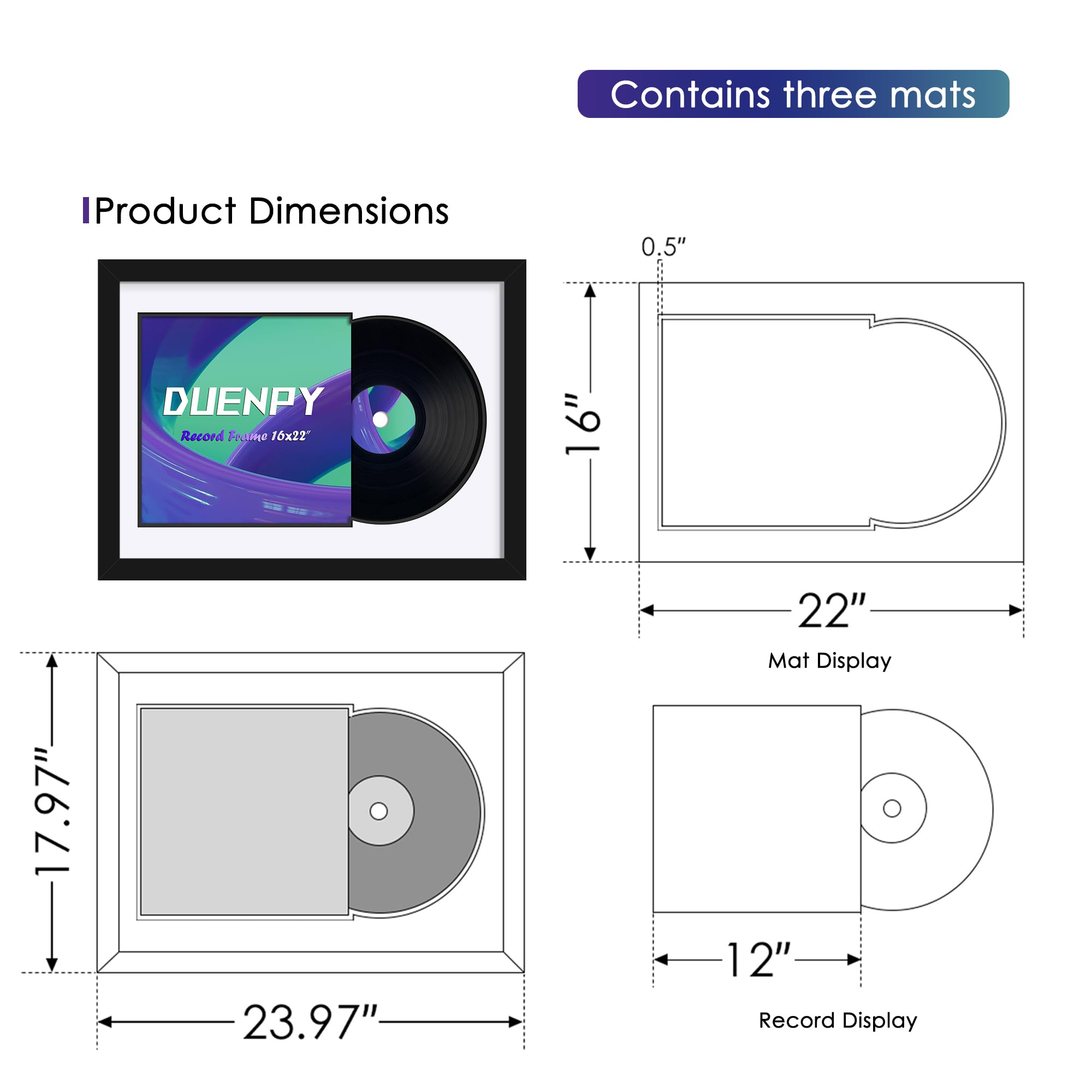 DUENPY Vinyl Record Display Frame 16x22 Inches Display Record Album and 12.5x12.5 Album Cover Art（Black Bottom Mat） Wall Mount