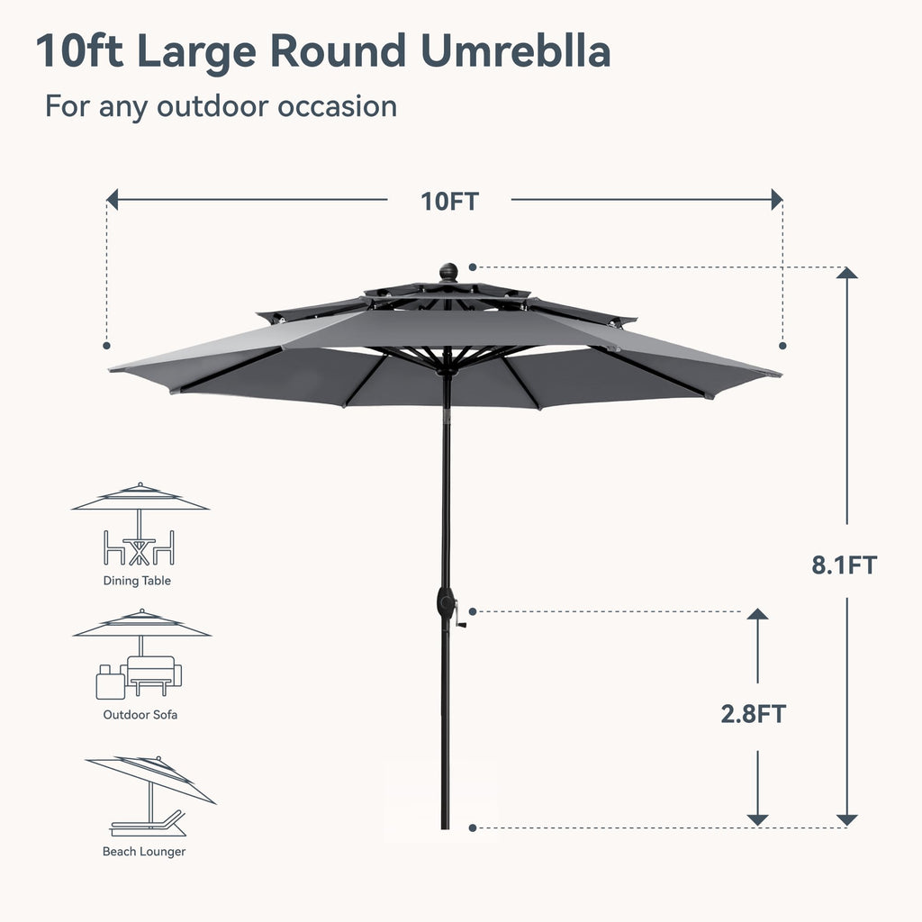 PHI VILLA 10ft Patio Umbrellas, Outdoor 3 Tier Vented Large Market Table Umbrella with 8 Sturdy Ribs and 1.5" Umbrellla Pole for Lawn Poolside Garden Terrace, Beige(No Base)