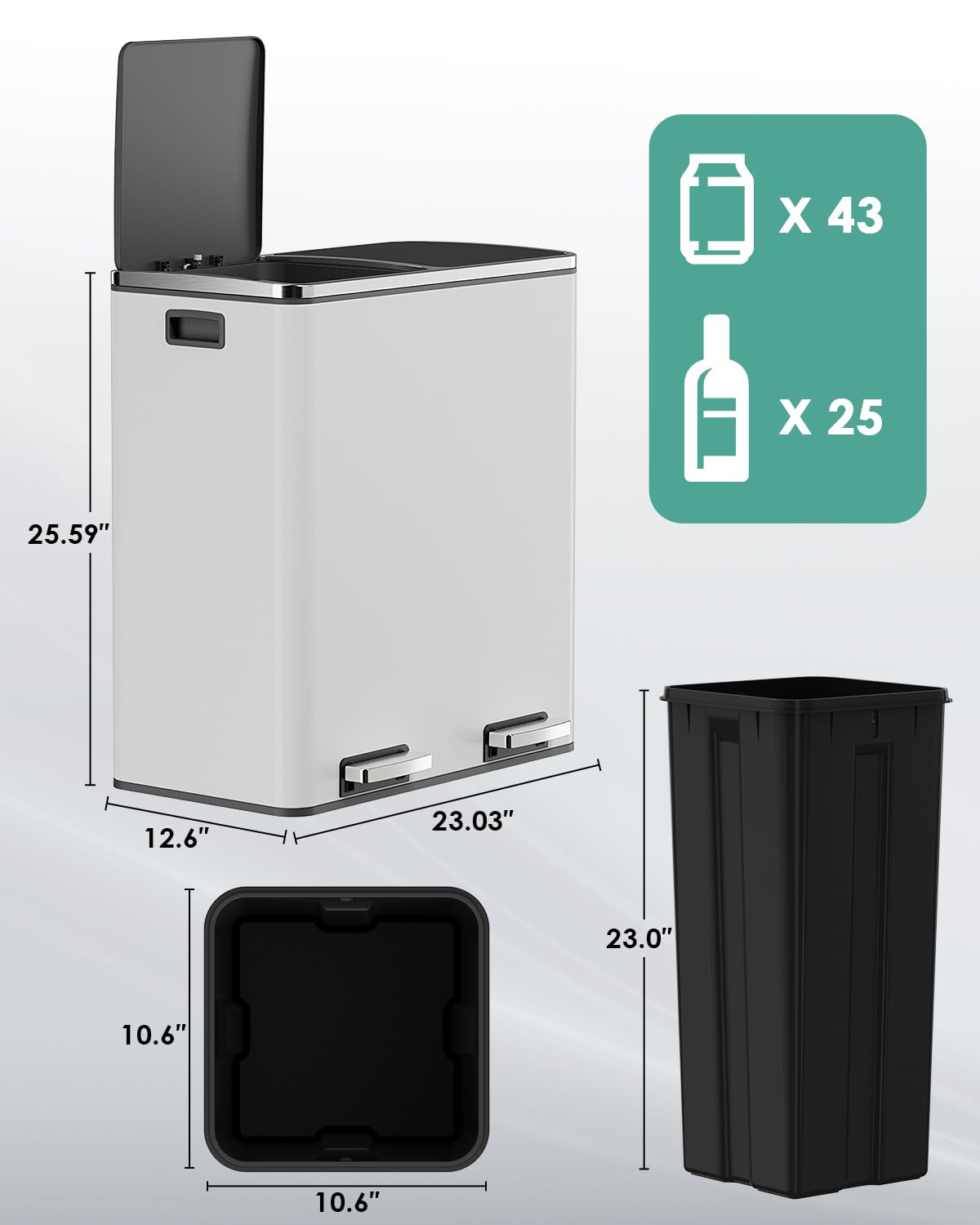 60L(16 Gal) Dual Trash Can, Stainless Steel Kitchen Garbage Can, Double Compartment Classified Rubbish Bin, Recycle Dustbin w/Plastic Inner Buckets, Soft-Close Lid, Airtight, Black