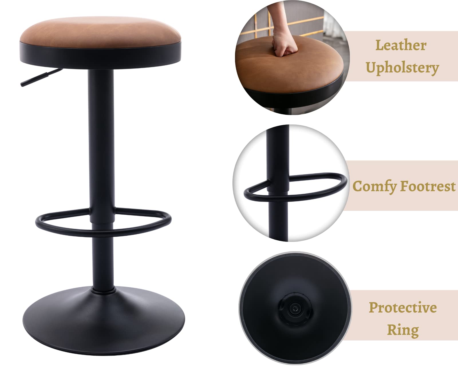 EALSON Modern Swivel Bar Stool Adjustable Counter Height Backless Barstools with Metal Base Leather Upholstered Round Bar Stool Chairs for Kitchen Island/Pub/Breakfast Bar, Beige 1PC