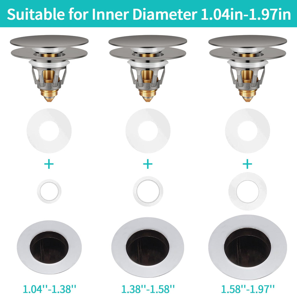 Universal Bathroom Sink Stopper with Hair Catcher, for 1.04-1.97 Inch Drain Hole, Spring Core Bathtub Drain Cover, Pop Up Sink Plug Basin Drain Strainer, Large Lid Black