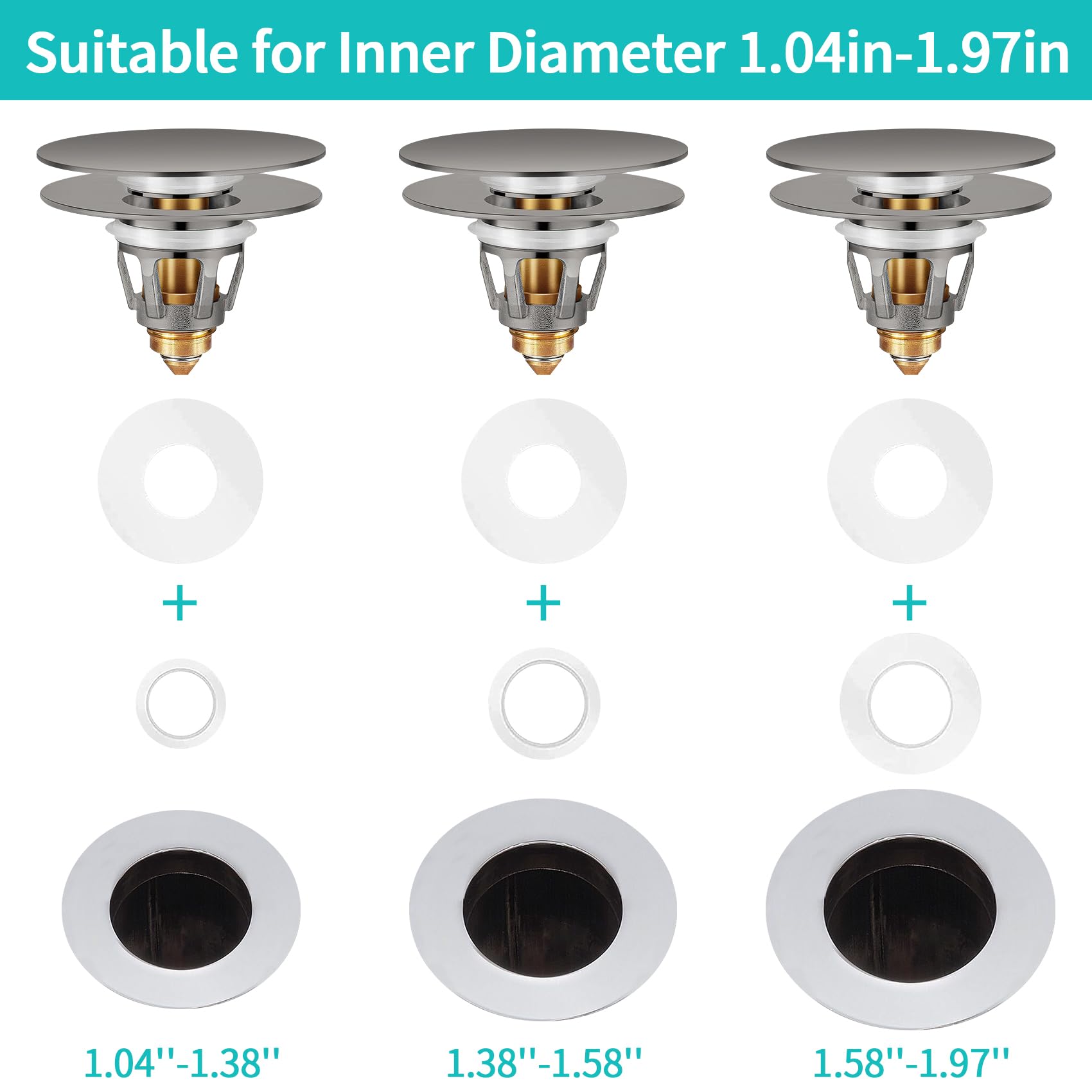 Universal Bathroom Sink Stopper with Hair Catcher, for 1.04-1.97 Inch Drain Hole, Spring Core Bathtub Drain Cover, Pop Up Sink Plug Basin Drain Strainer, Large Lid Black