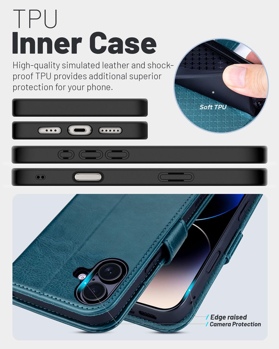 OCASE Compatible with iPhone 16 Wallet Case, PU Leather Flip Folio Case with Card Holders RFID Blocking Kickstand [Shockproof TPU Inner Shell] Phone Cover 6.1 Inch 2024, Black
