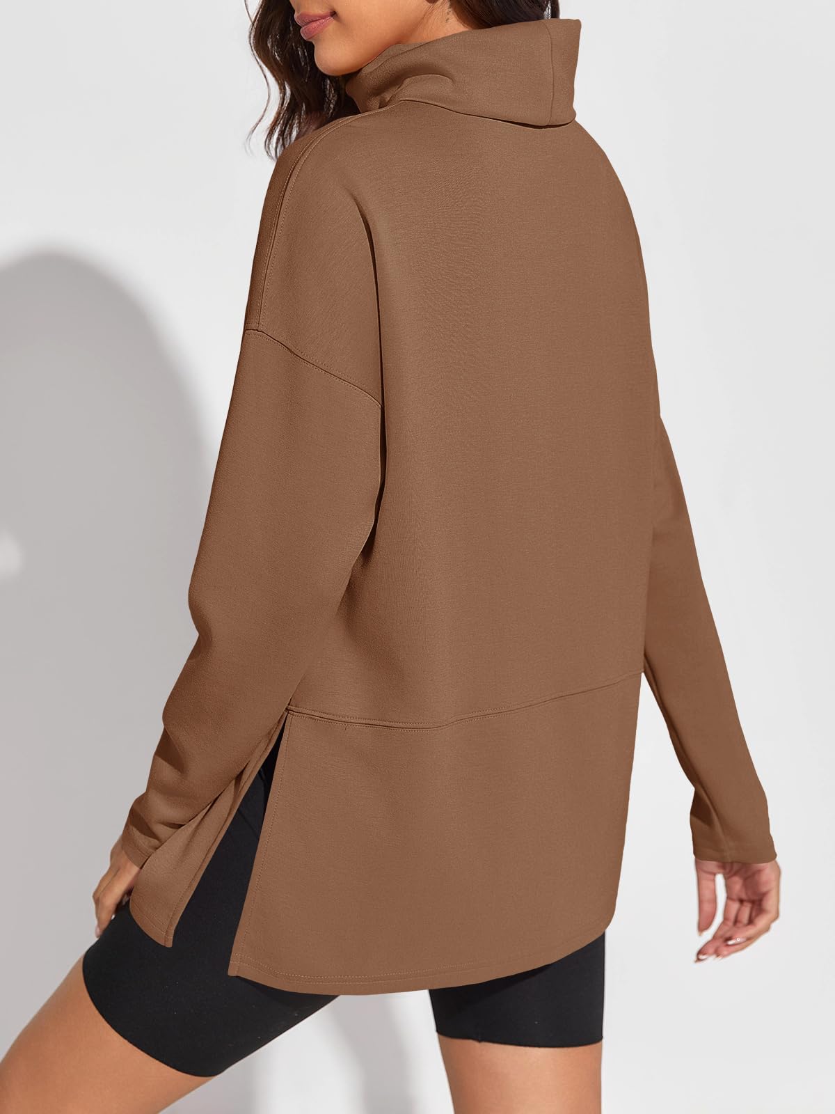 Fisoew Women's Turtleneck Oversized Sweatshirt Casual Long Sleeve Loose Side Slit Pullovers Tunic Tops