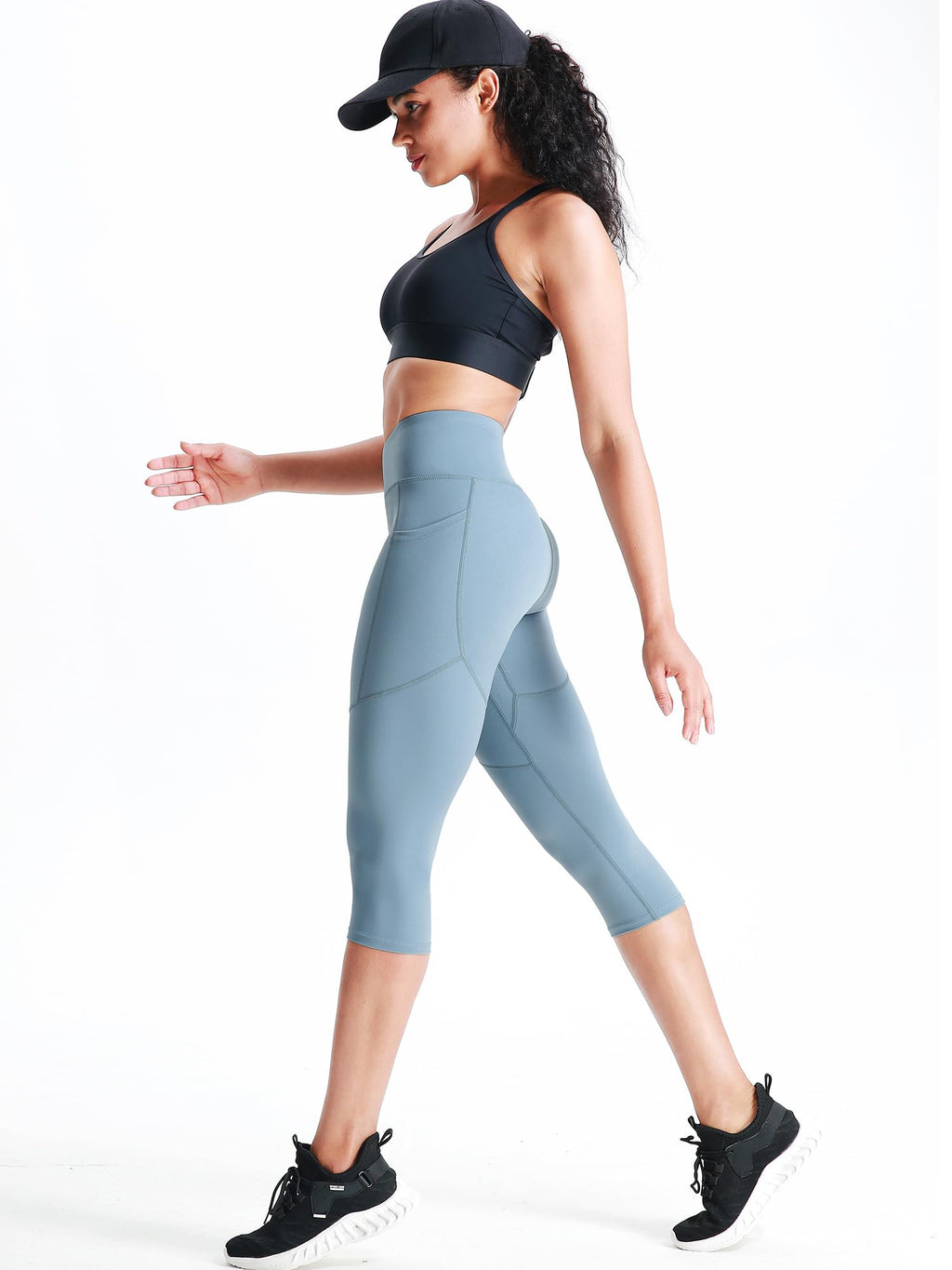 CADMUS Womens High Waist Workout Legging Capris for Yoga w Side Pockets