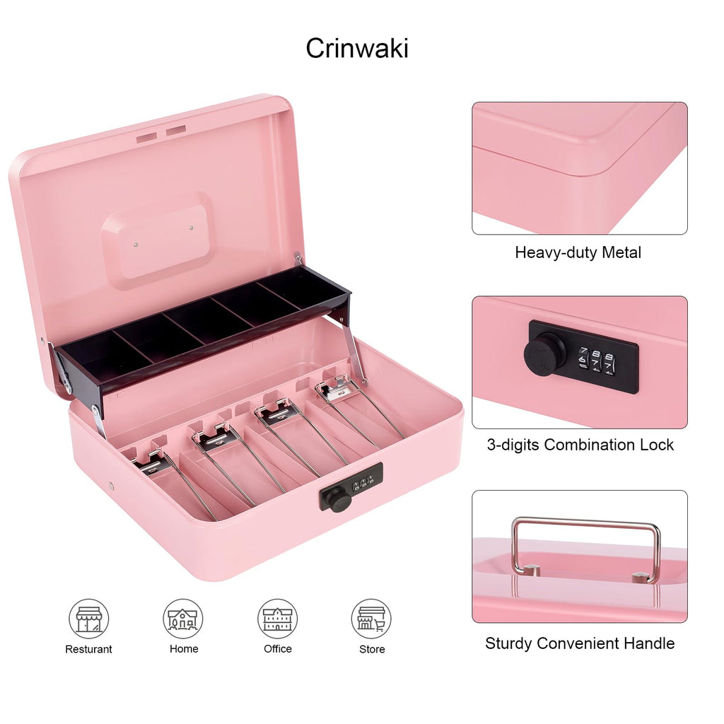 Cash Box with Money Tray and Key Lock, Saving Lock Box with Money Tray Storage for Cash Register 11.8"x9.45"x3.54" Black XL Large