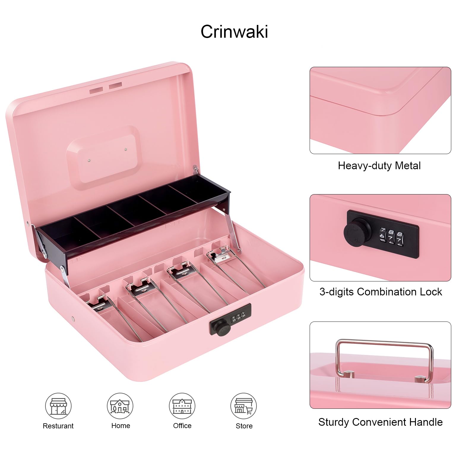 Cash Box with Money Tray and Key Lock, Saving Lock Box with Money Tray Storage for Cash Register 11.8"x9.45"x3.54" Black XL Large