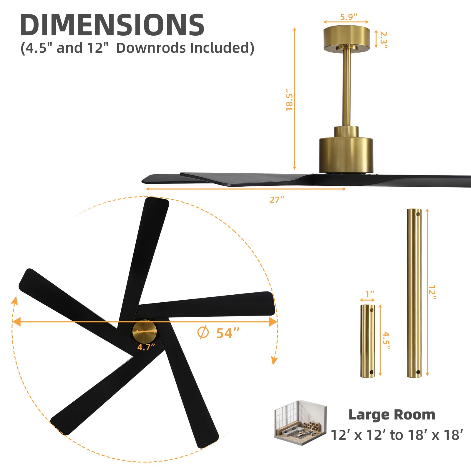 WINGBO 54" ABS DC Ceiling Fan No Light, 5 Blade Wood Grain ABS Ceiling Fan with Remote, 6-Speed Reversible DC Motor, Ceiling Fans without Light for Kitchen Bedroom Living Room, Antique Nickel and Grey