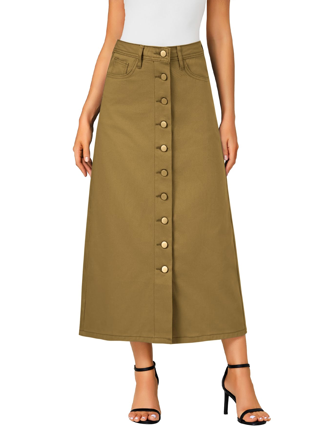 Vrtige Women's Casual Button Down High Waisted A Line Jean Midi Long Denim Skirt with Pockets