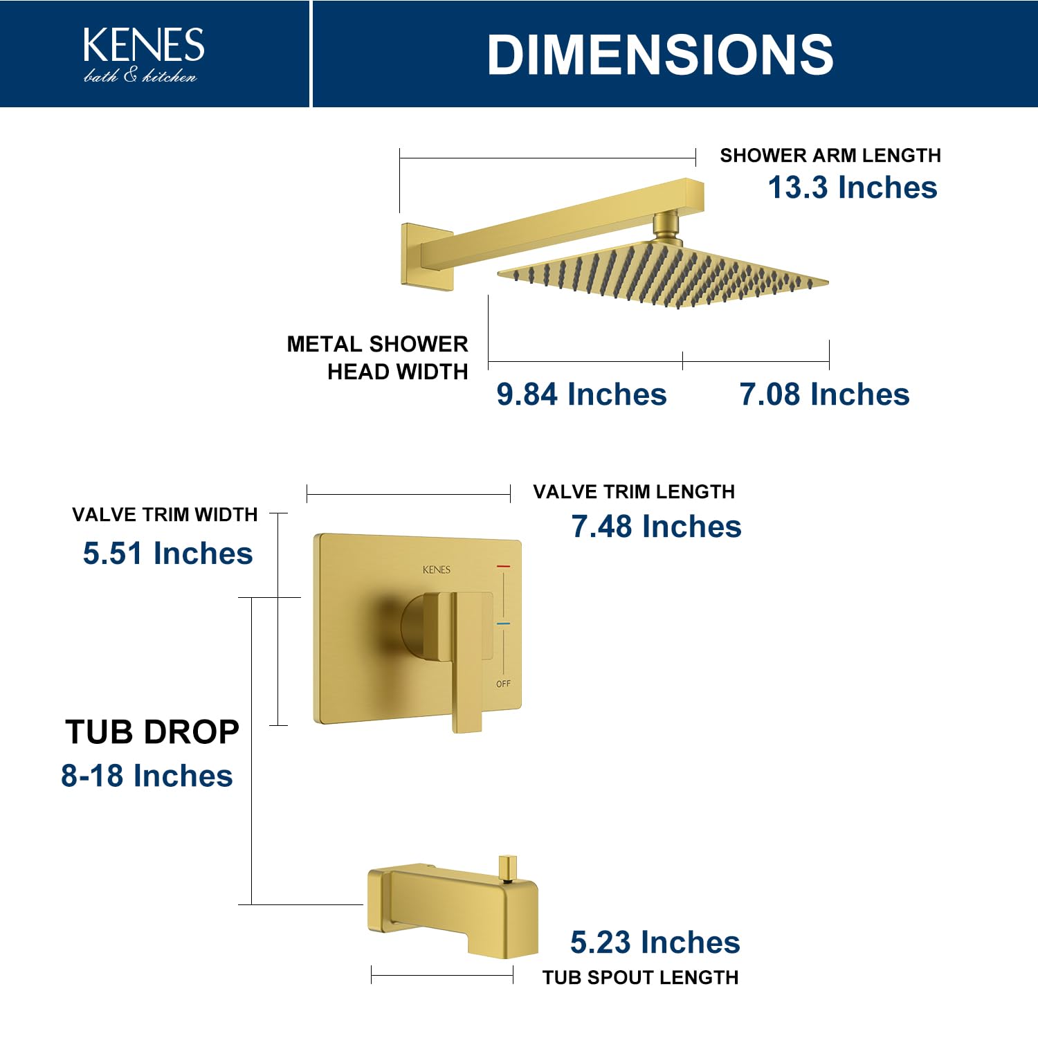 KENES Brushed Nickel 10-Inch Shower Head and Handle Set, Square Shower Faucet Set Bathroom Rainfall Shower System Wall Mount, KE-6024B (Shower Valve Included)