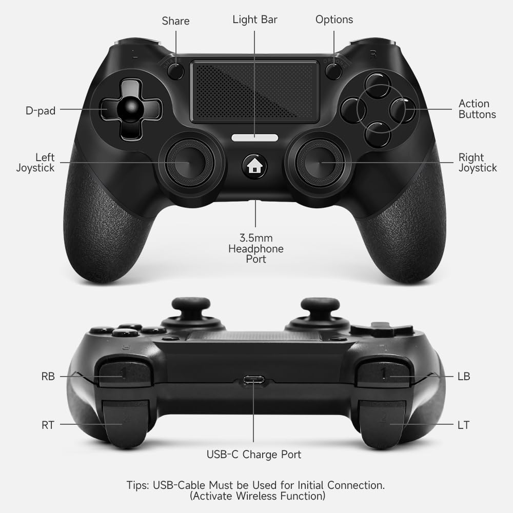 AceGamer 2 Pack for PS4 Controller, Wireless Controller for PS4/Pro/Slim/PC, with Non-Slip Grip of Both Sides and USB-C Cable! (Black and White)